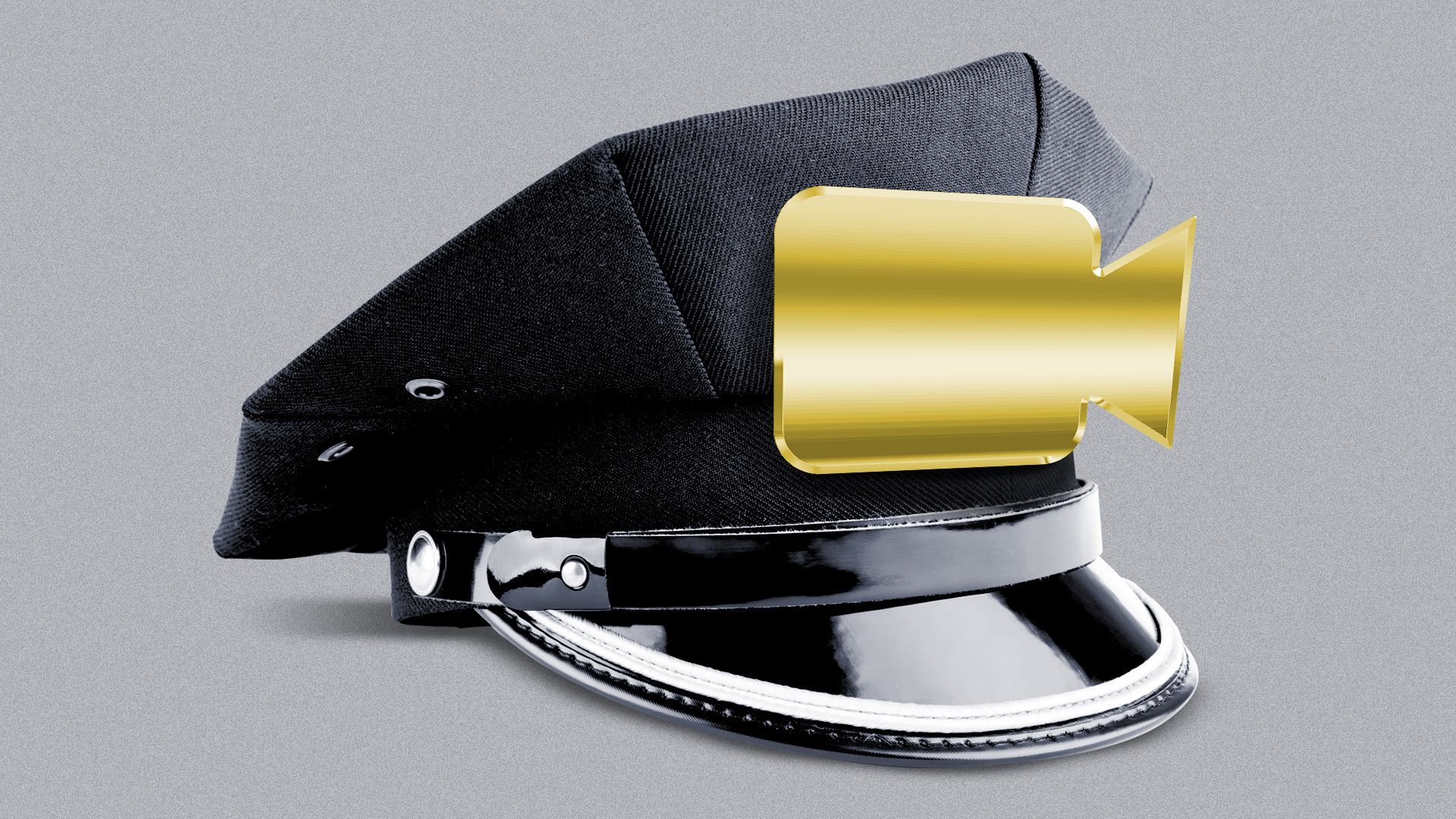 Illustration of a police hat with a badge shaped like a video camera icon.