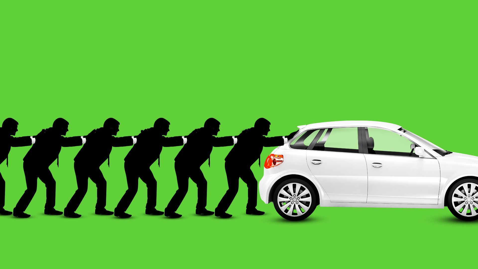 Illustration of a line of men in suits pushing an electric vehicle.
