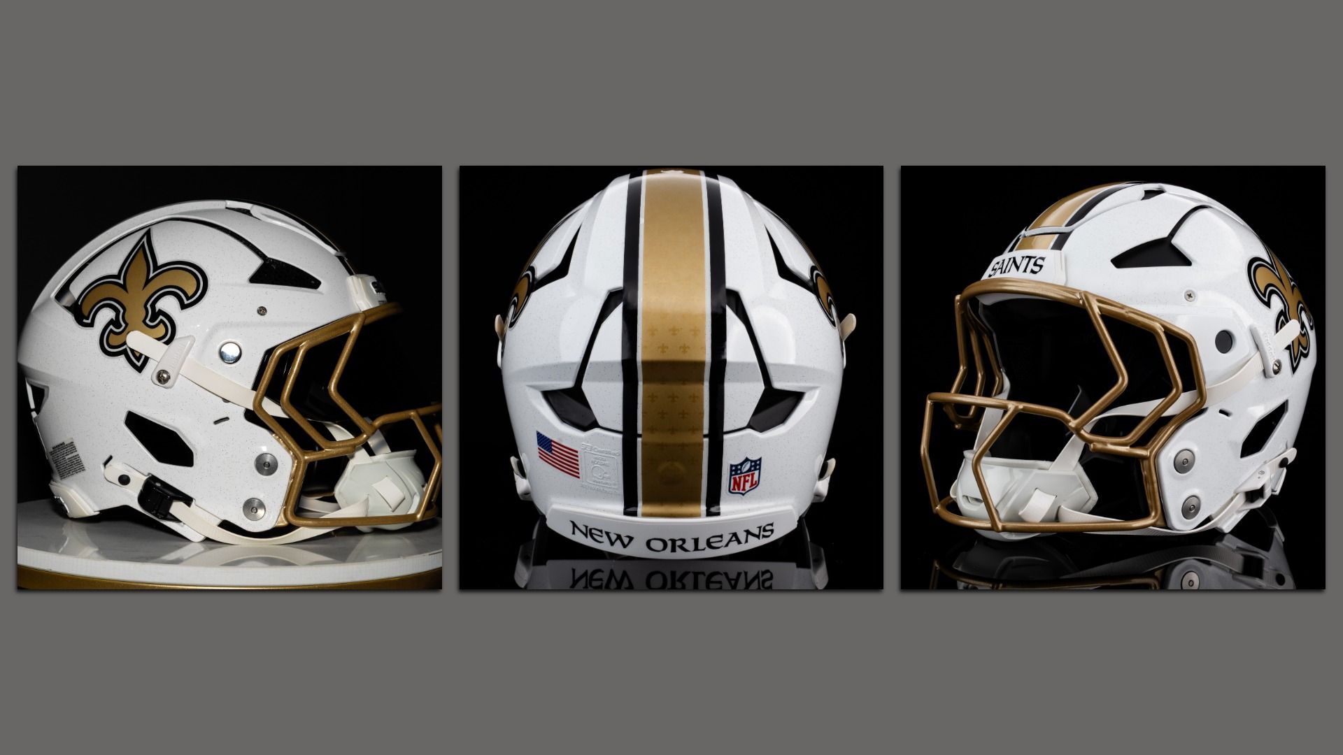 A trio of pictures of a Saints helmet. The background of the helmet is white with black flecks, and there's a gold fleur de lis centered on each side. A gold stripe filled with watermarks of fleur de lis is centered down and over the crown.