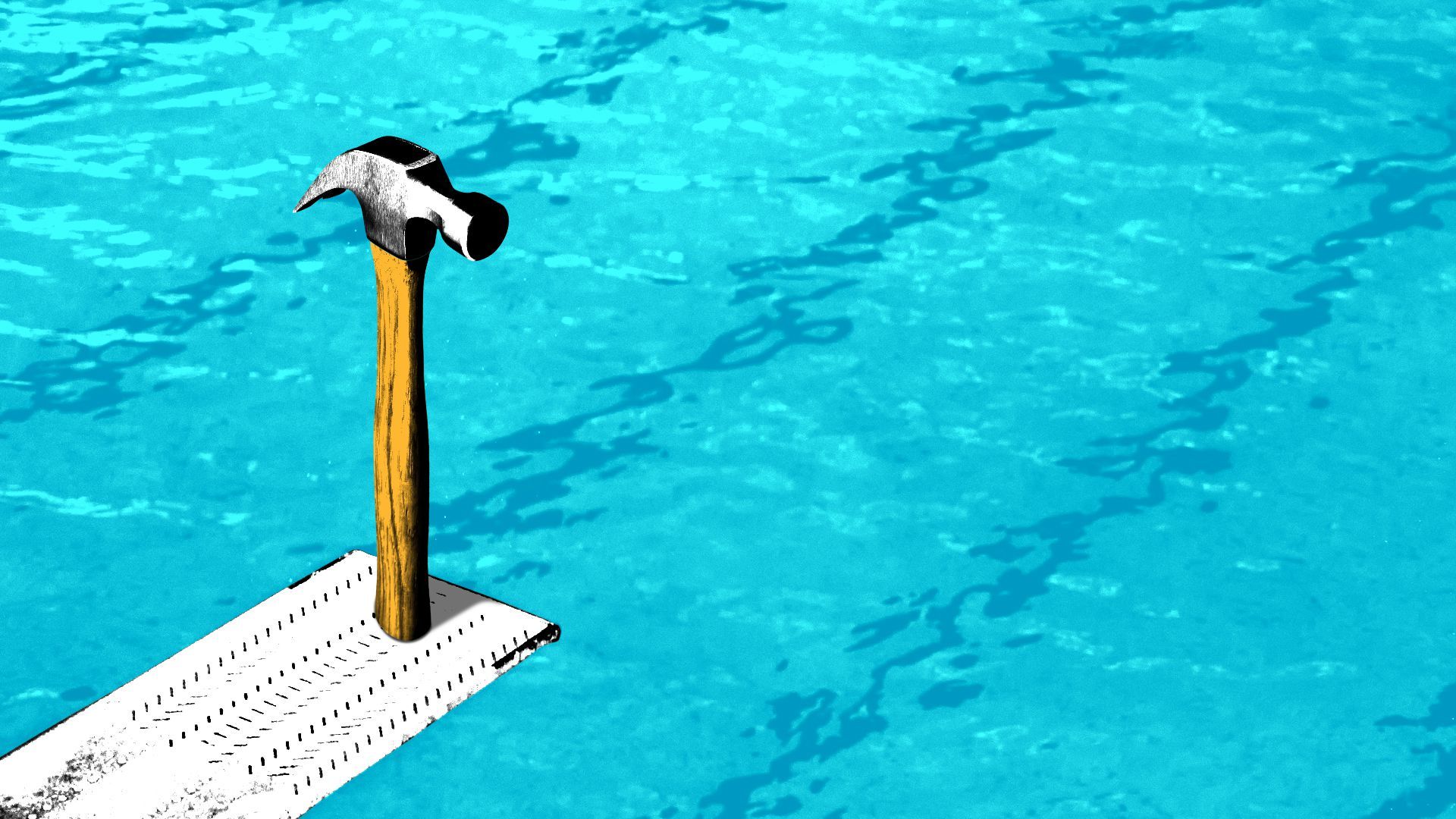 Illustration of a hammer on a diving board over a pool.