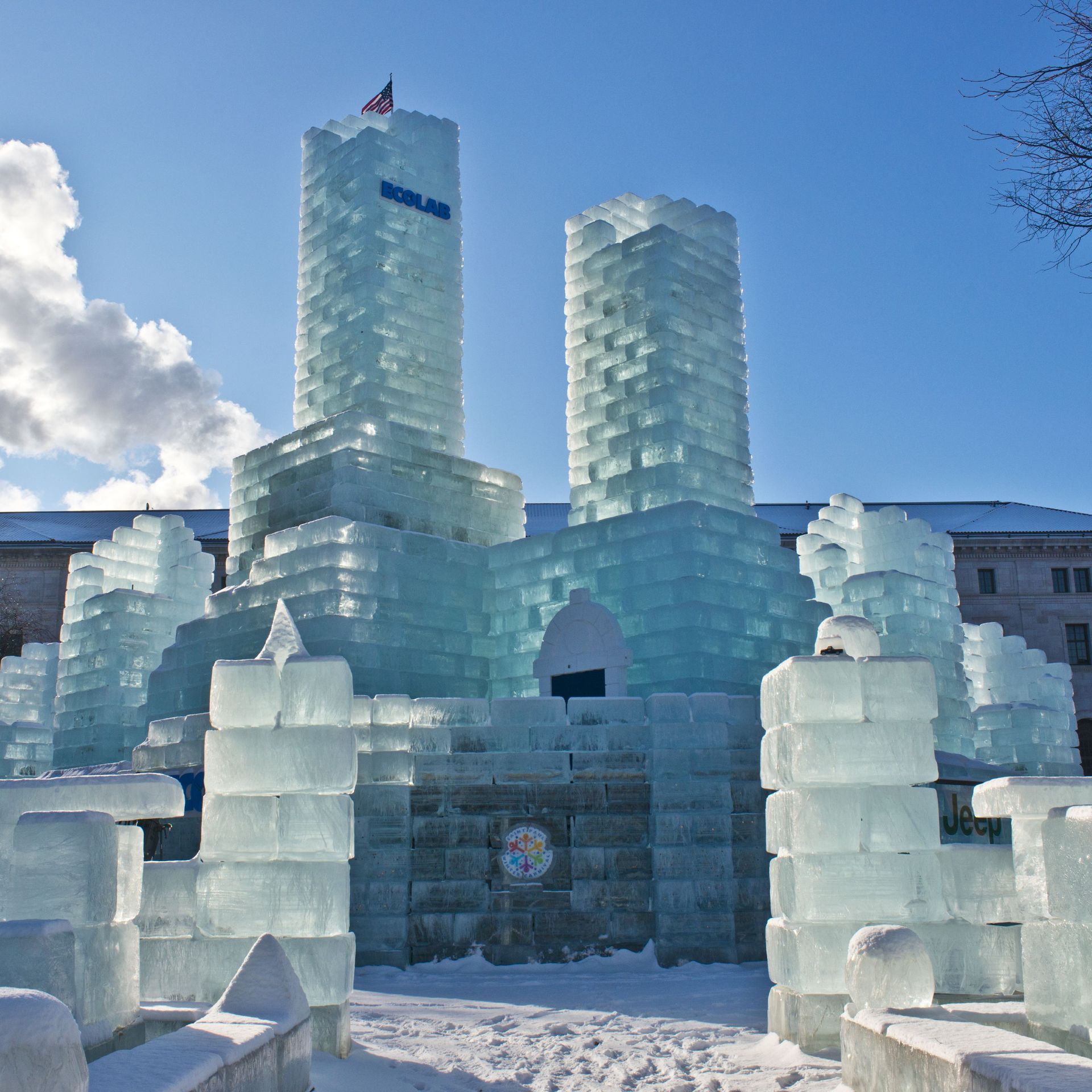 a large palace made out of ice bricks.