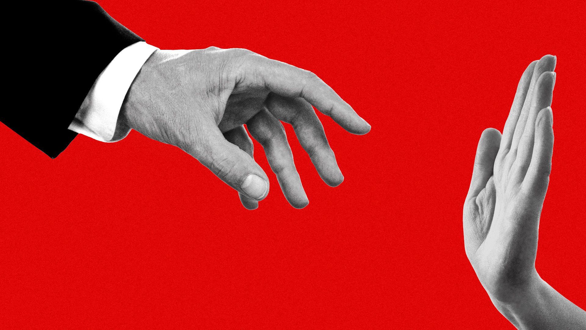 Illustration of a hand reaching down to another hand, which is making a stop gesture