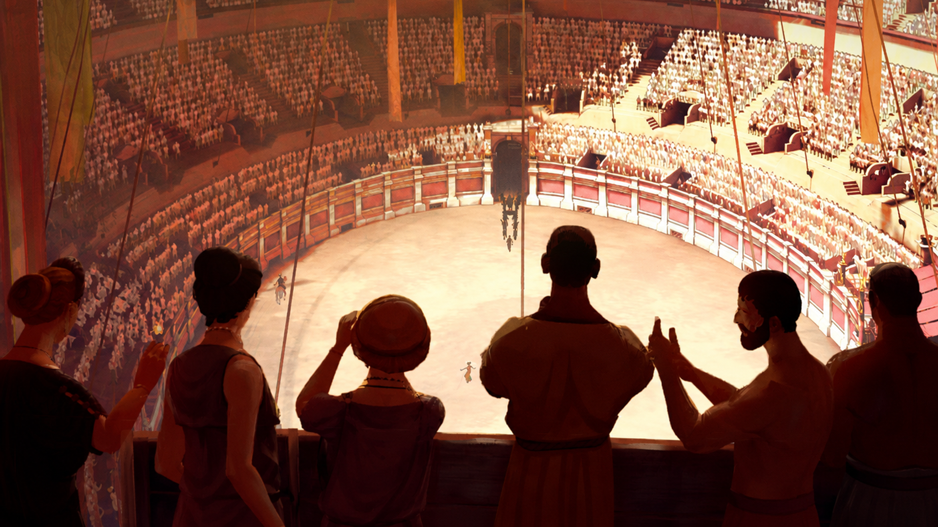 Poster titled "GLADIATOR: ENTER THE ARENA" shows a sunlit Roman arena crowded with spectators; in the foreground, five silhouettes gaze down at the ring.