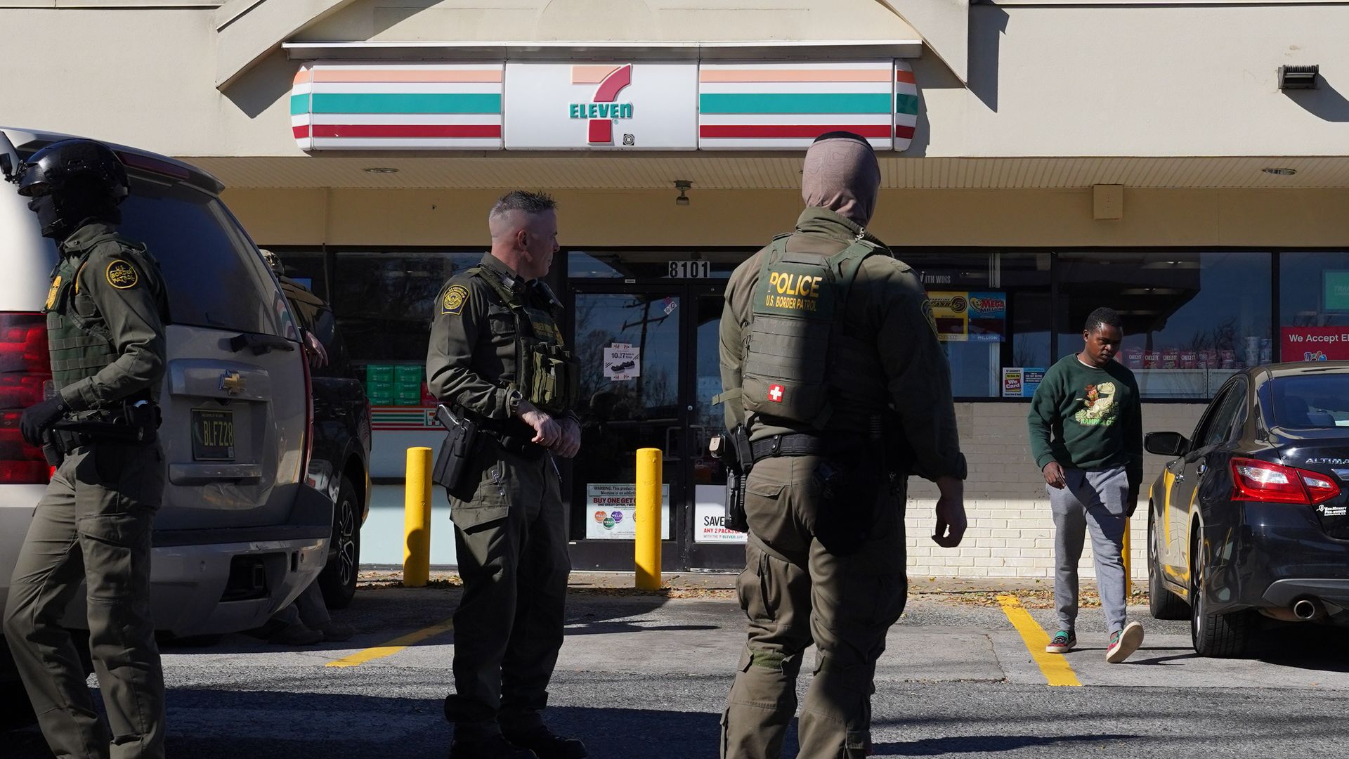 CHARLOTTE, NORTH CAROLINA - NOVEMBER 17: U.S. Border Patrol chief Greg Bovino and other federal agents patrol outside of a 7 Eleven gas station while searching for undocumented immigrants on November 17, 2025 in Charlotte, North Carolina. Federal agents are carrying out "Operation Charlotte's Web," 