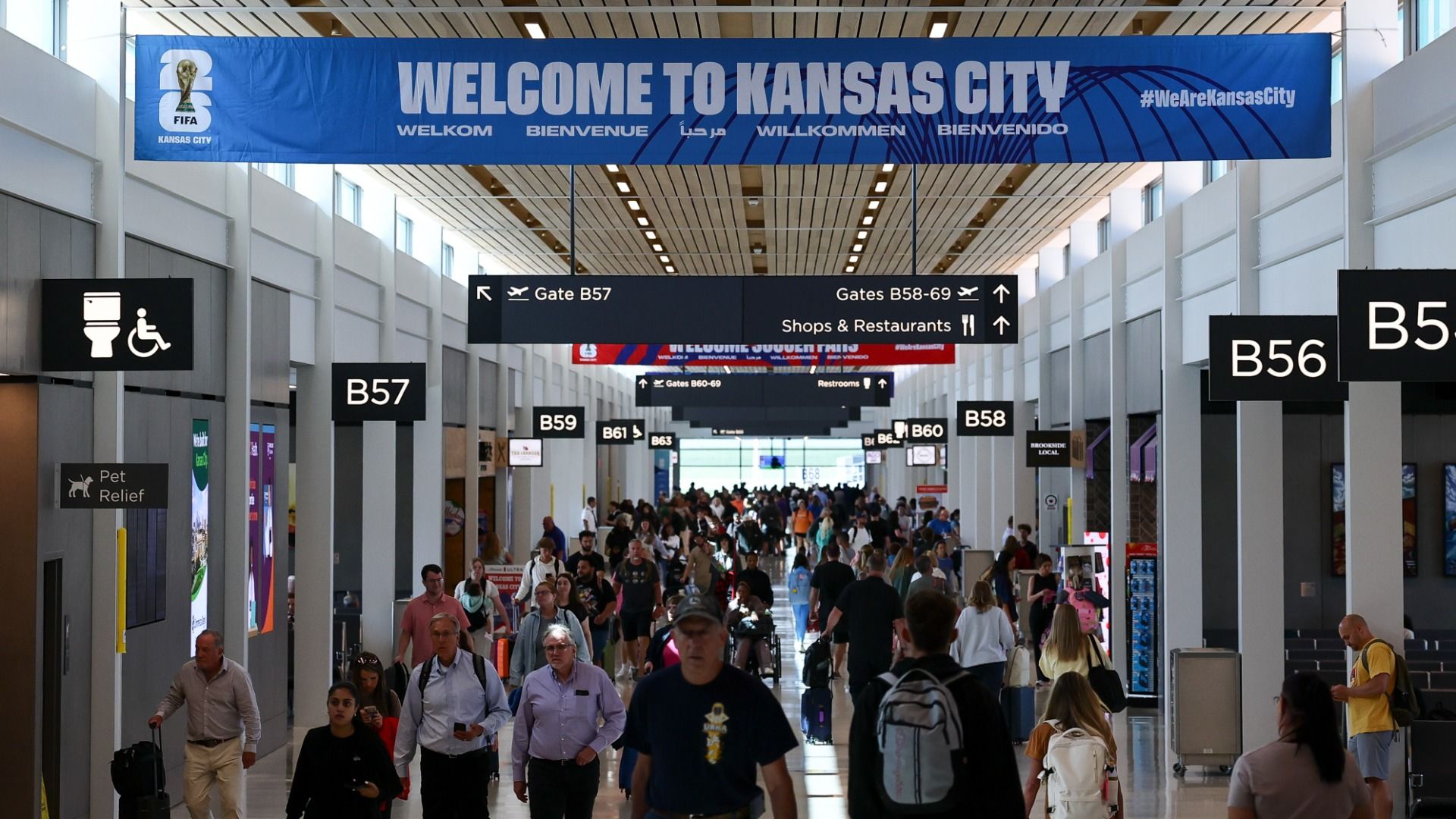 KANSAS CITY, MISSOURI - JUNE 06: FIFA World Cup 2026 signage at the Kansas City International Airport on June 06, 2026 in Kansas City, Missouri. 