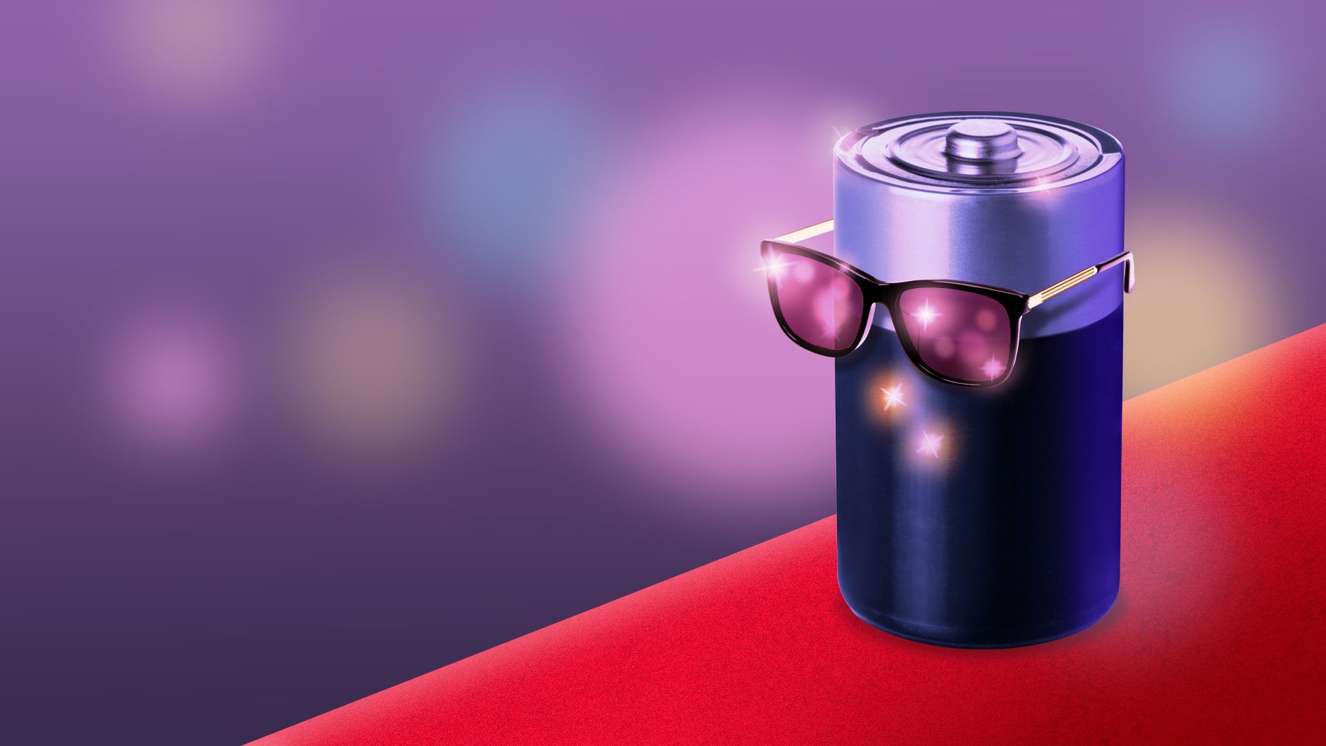 Illustration of a battery in sunglasses on a red carpet surrounded by camera flashes