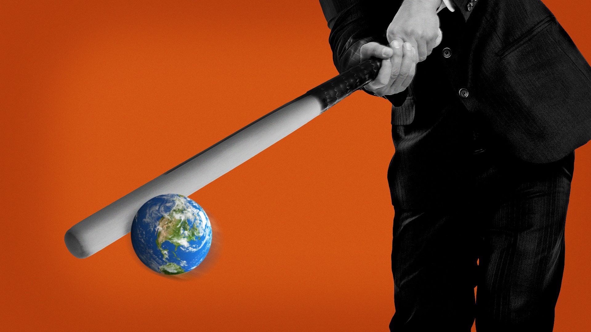 Illustration of a businessman swinging a baseball bat, about to hit a tiny earth.