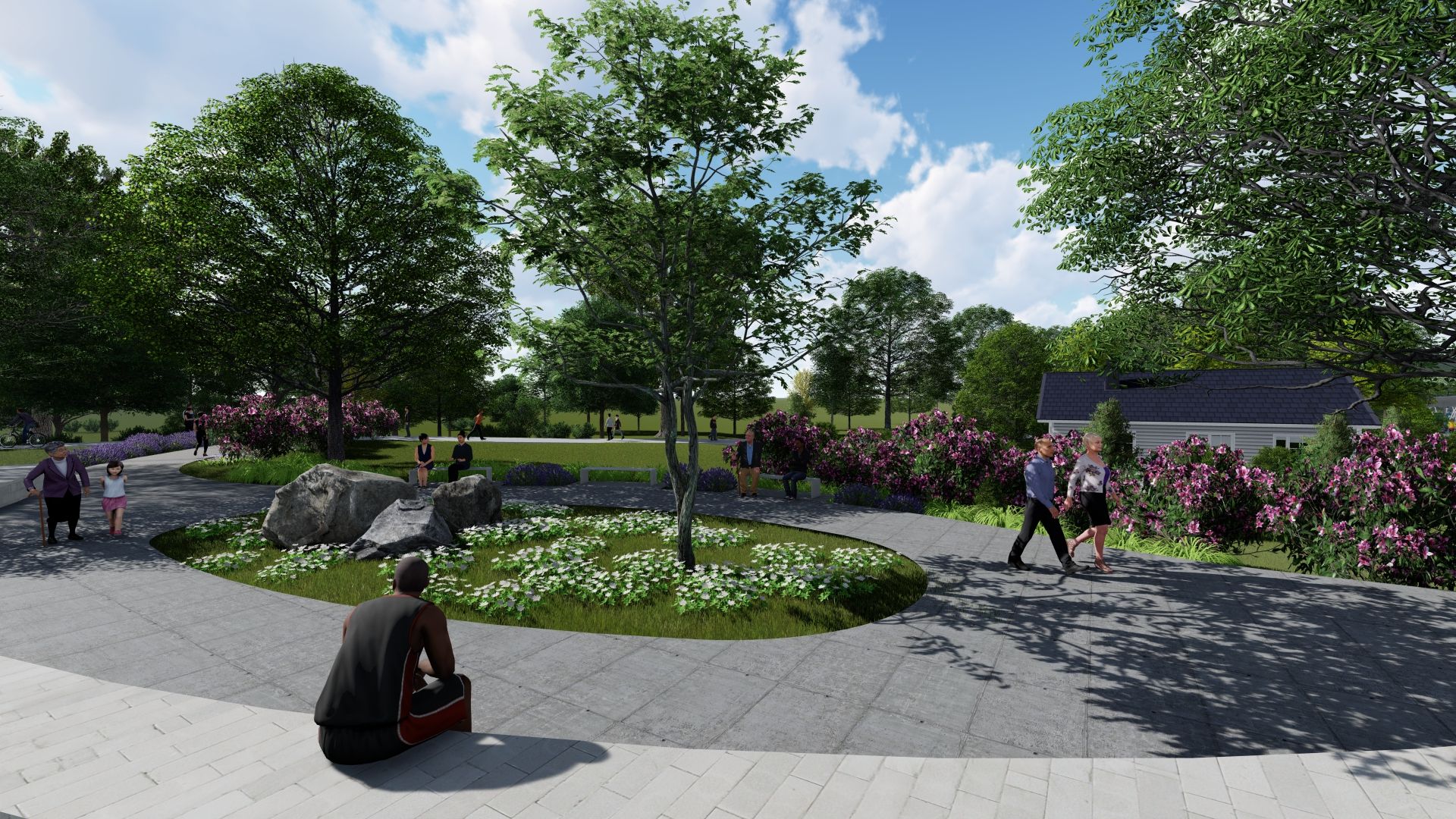 A rendering of green space and seating areas at Enota Park