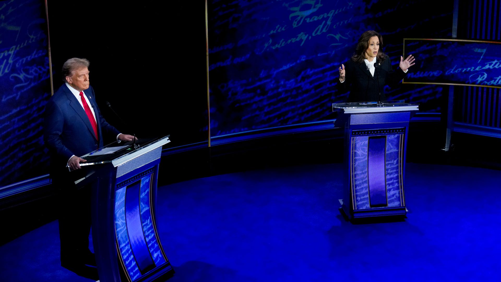 US Vice President Kamala Harris, right, and former US President Donald Trump during the second presidential debate at the Pennsylvania Convention Center in Philadelphia, Pennsylvania, US, on Tuesday, Sept. 10, 2024. 