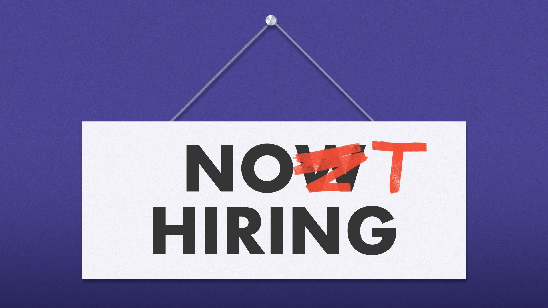 Illustration of a sign saying "Now Hiring" with the "w" crossed out and replaced with a "t."