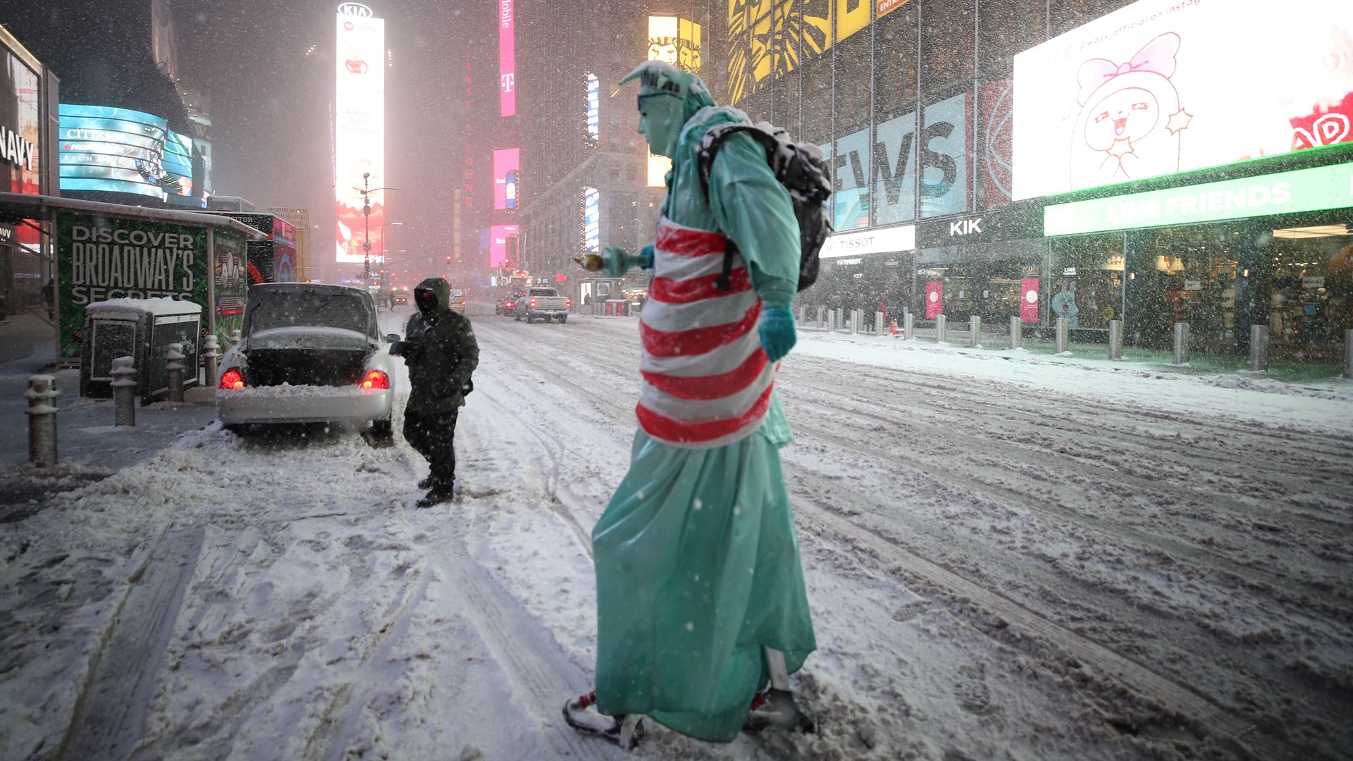 Snowfall view at the Times Square in New York City, United States on December 16