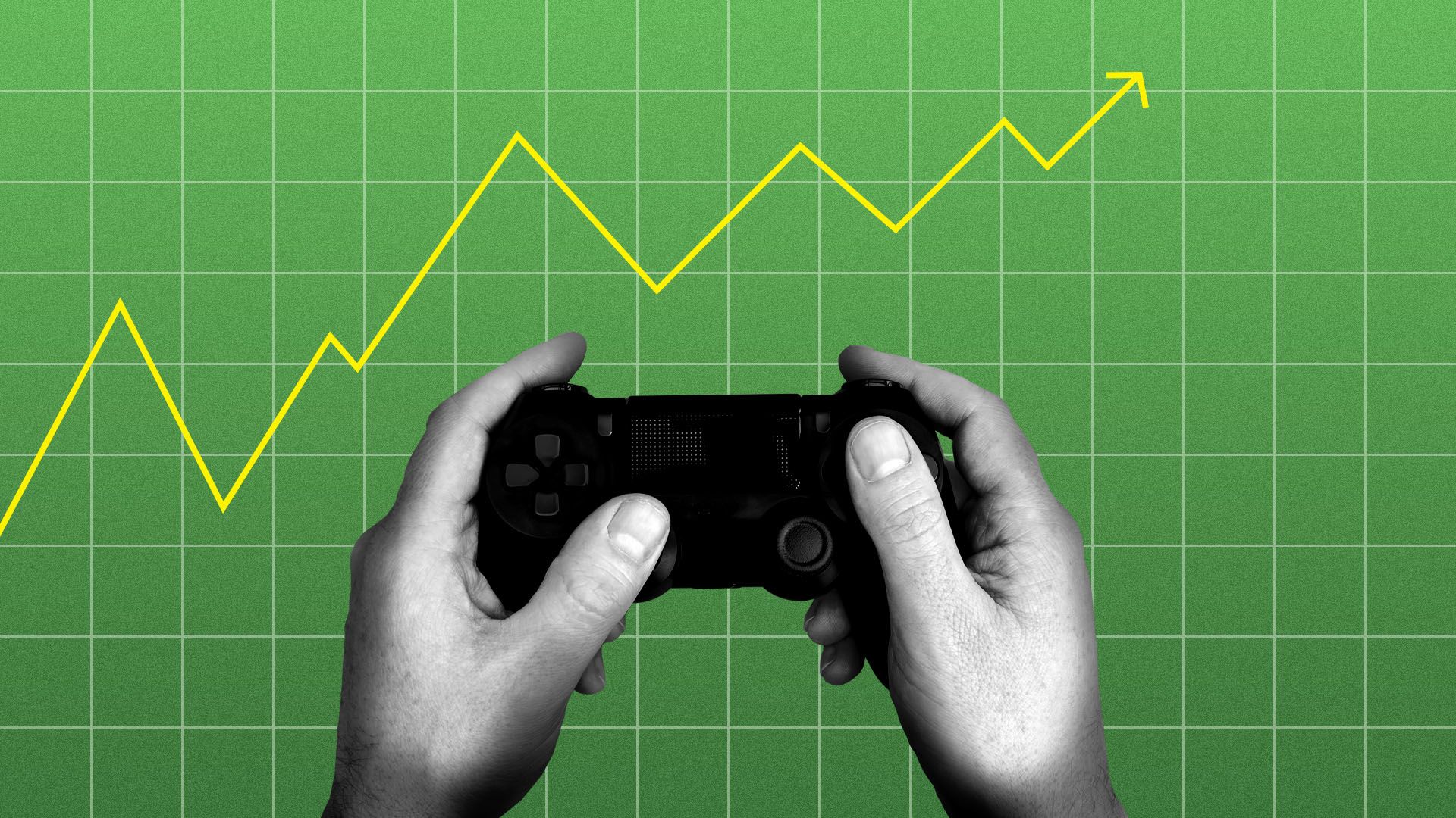 Illustration of a hand playing a video game controller with a line graph in the background.