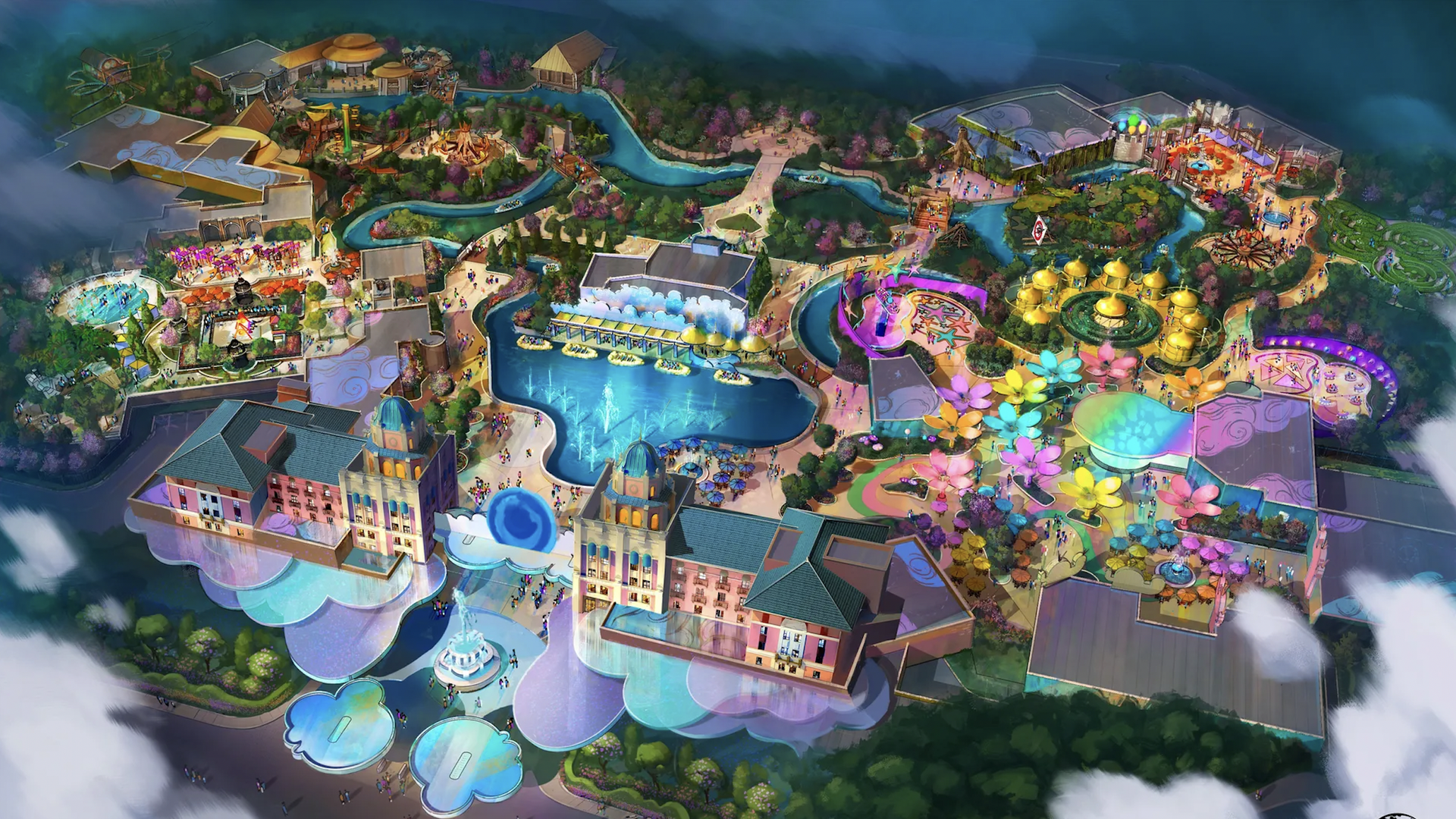 A rendering of a theme park and resort
