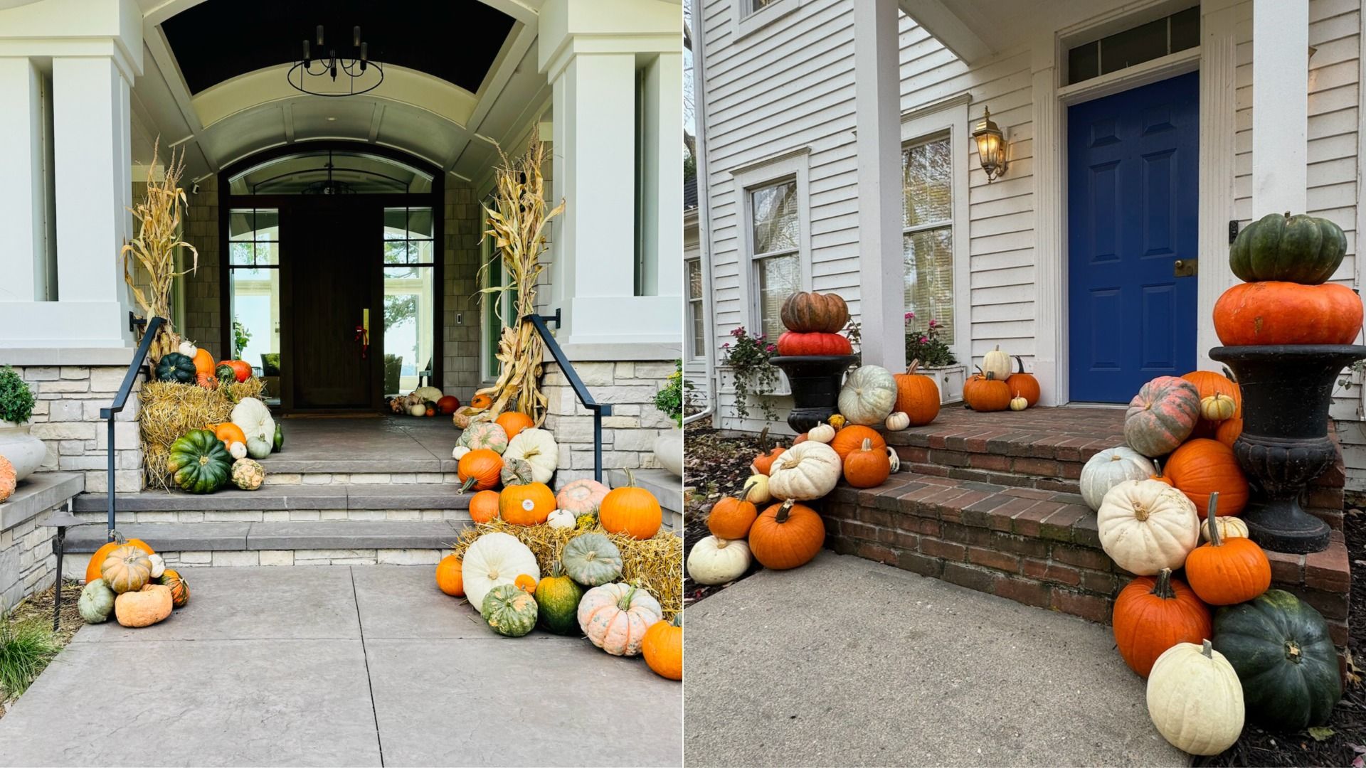 Two porches decorated with assorted pumpkins in orange, white, green, and pink shades, along with hay bales and corn stalks, creating a festive autumn or Halloween display.