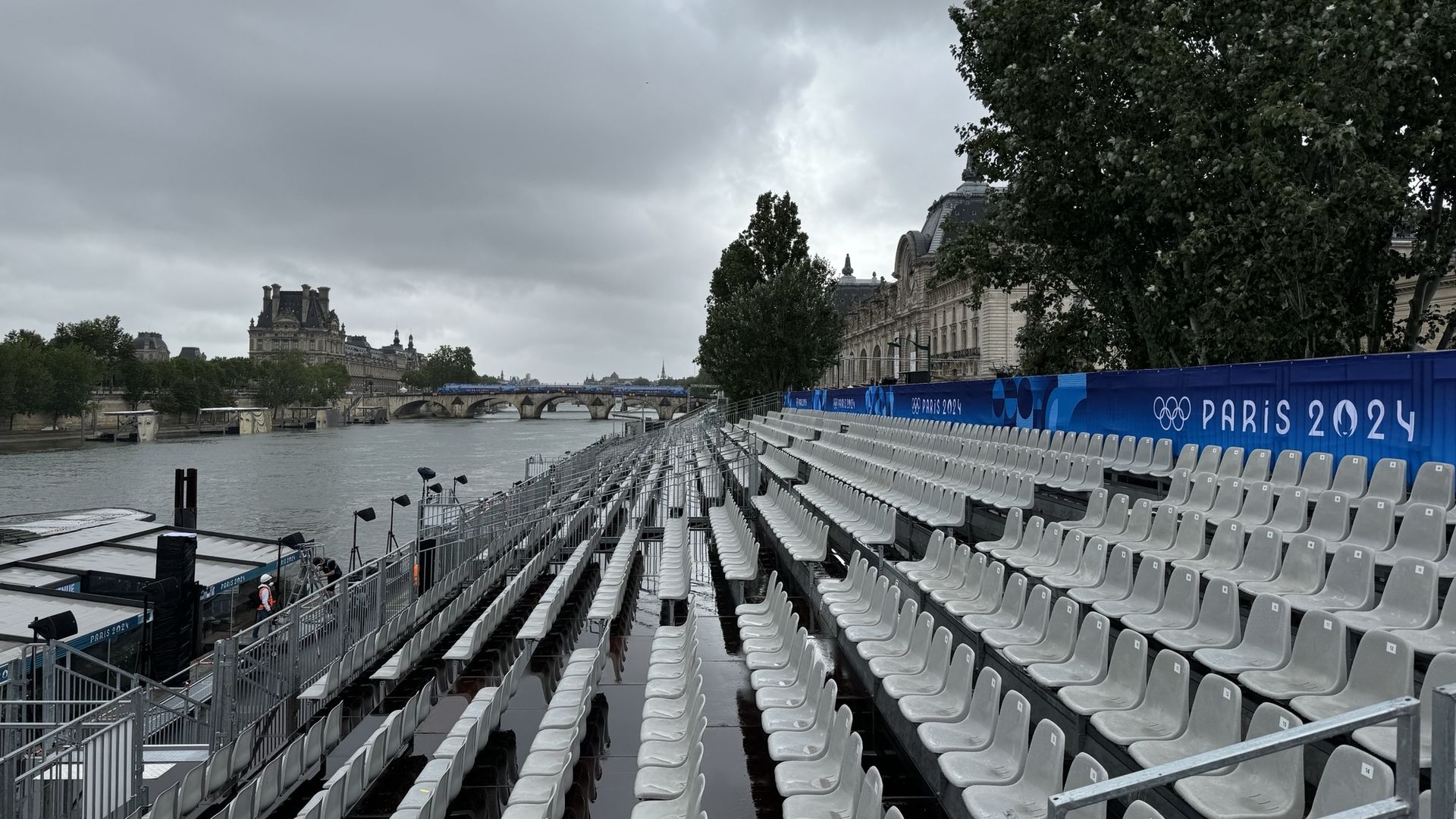 Empty stands next to the River Seine.