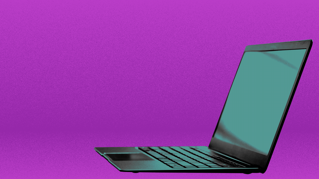 Animated illustration of a laptop that shakes before a robotic arm holding a folder comes out of the screen.