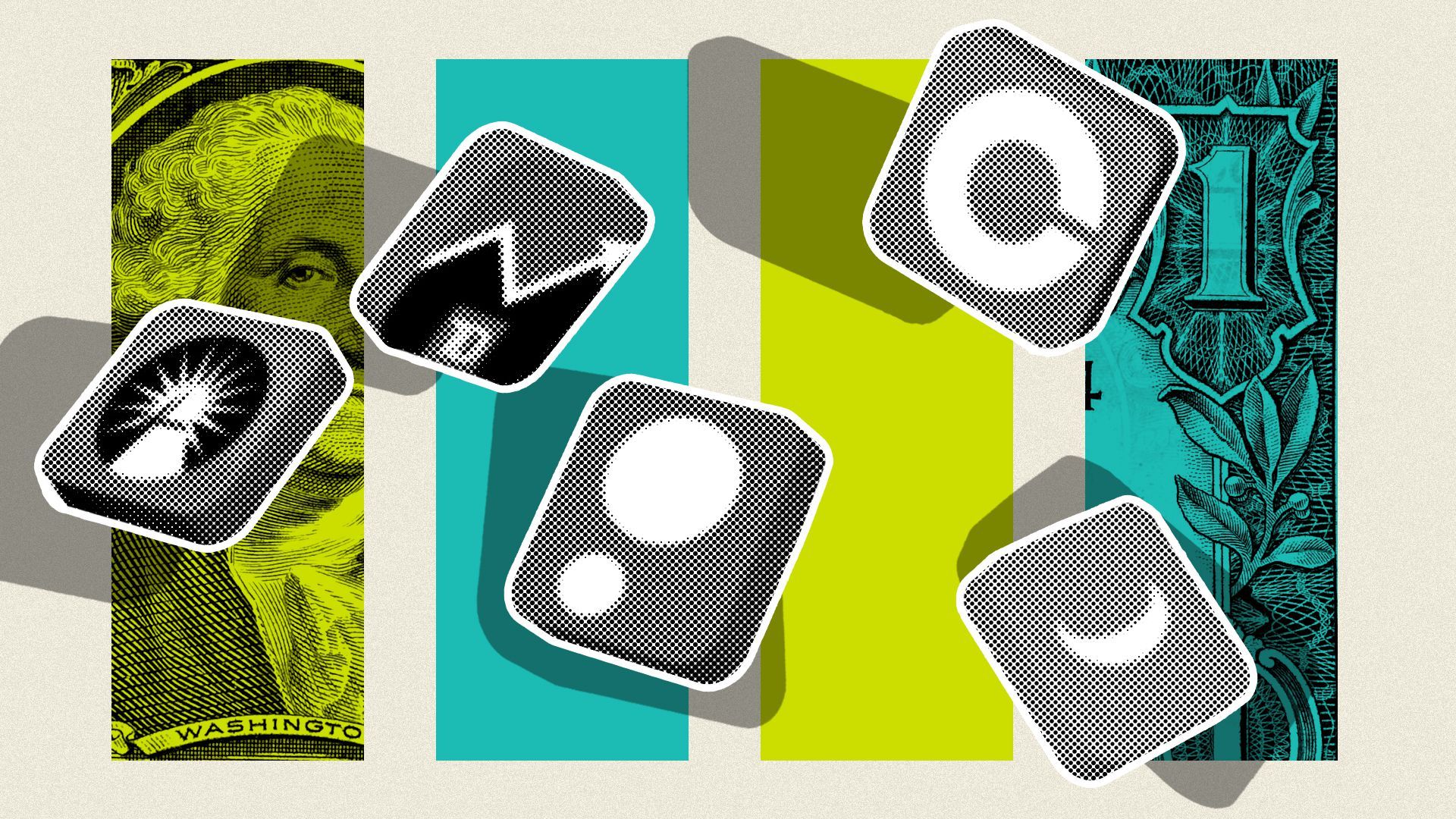Illustration of smartphone app icons floating over green rectangles, with details of one dollar bills in two of them.