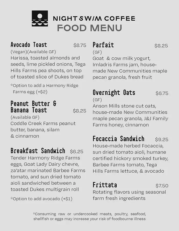 night swim coffee menu food