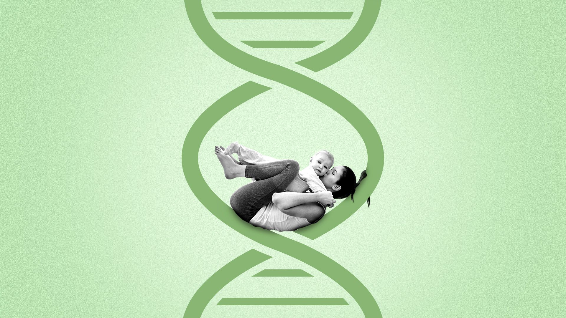 Illustration of a mother holding a baby in her lap and lounging in a DNA strand. 