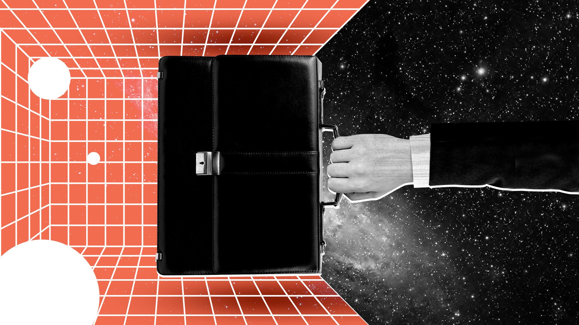 Illustration of a hand holding a suitcase over a grid in space. 