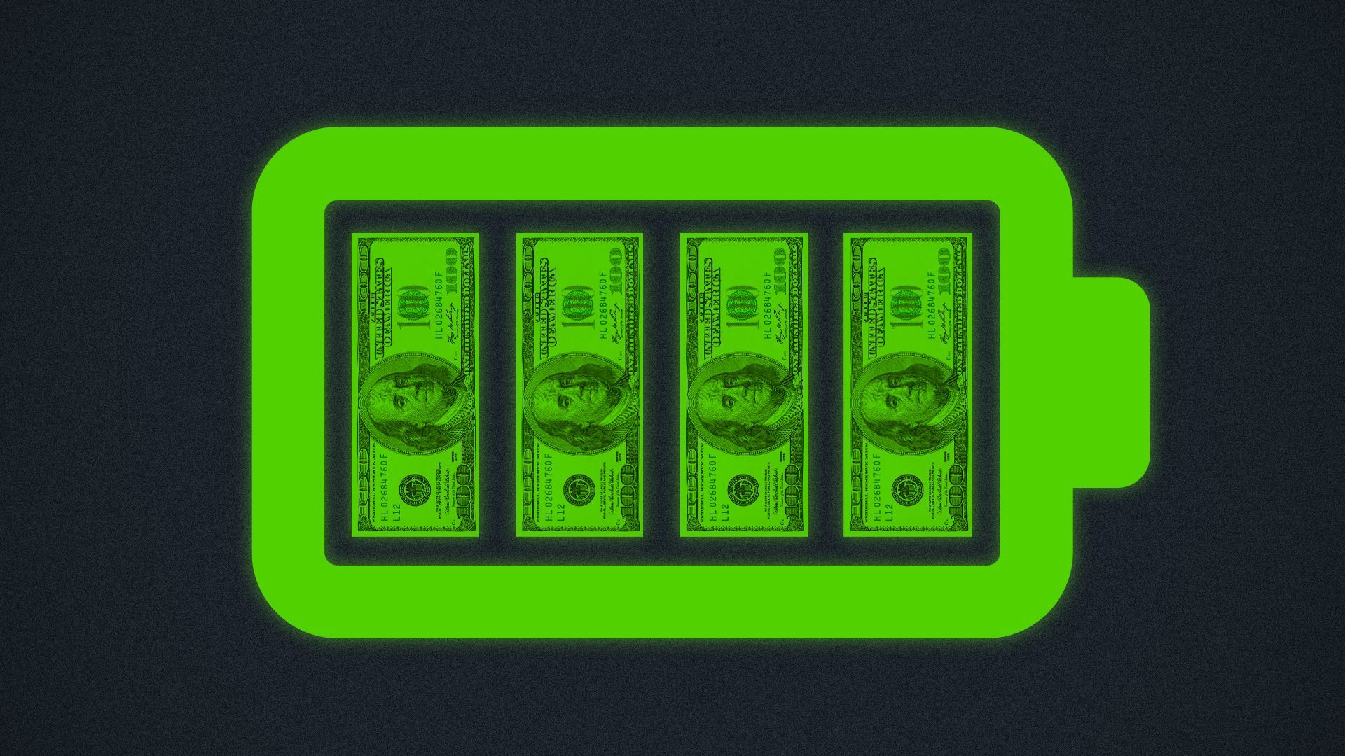 Illustration of a battery icon with hundred dollar bills as the bars indicating that it's full.