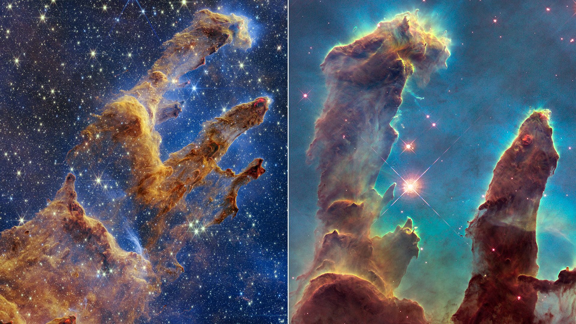 A side-by-side image of the JWST image of the Pillars of Creation with the Hubble image