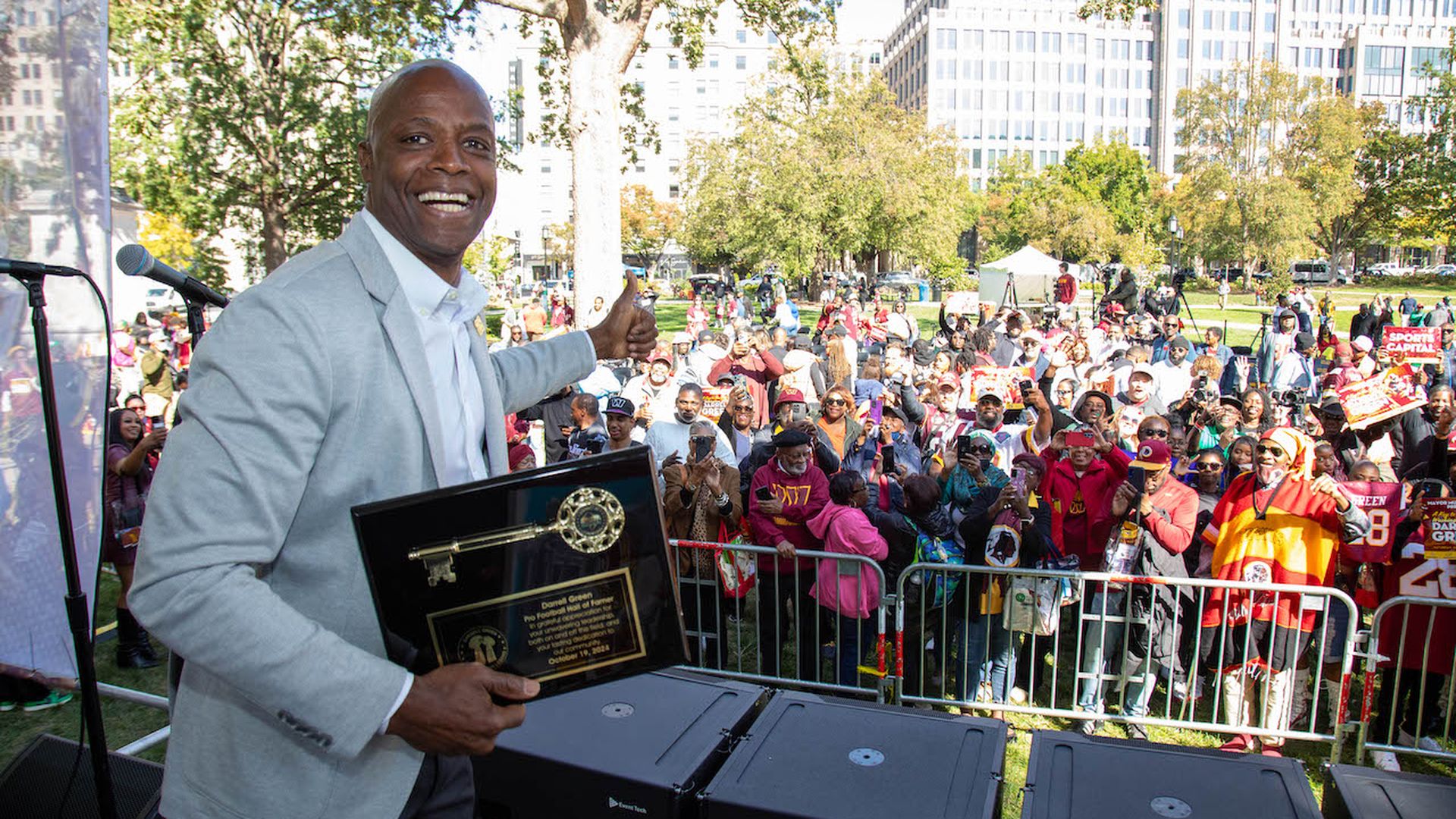  Former NFL player Darrell Green #28 of the Washington Redskins, now called the Washington Commanders, receives key to the City Of Washington, DC on October 19, 2024 in Washington, DC. (Photo by Brian Stukes/Getty Images)