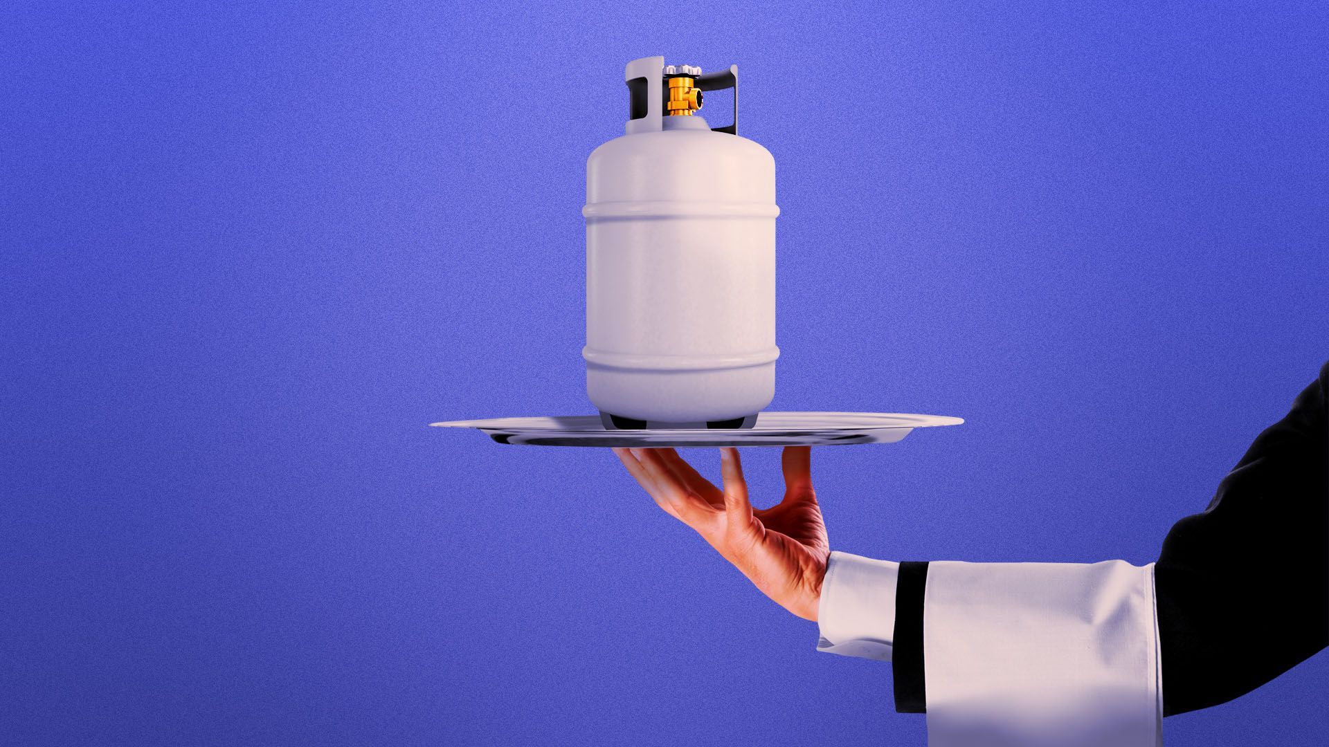 Illustration of a waiter holding a serving tray with a propane tank
