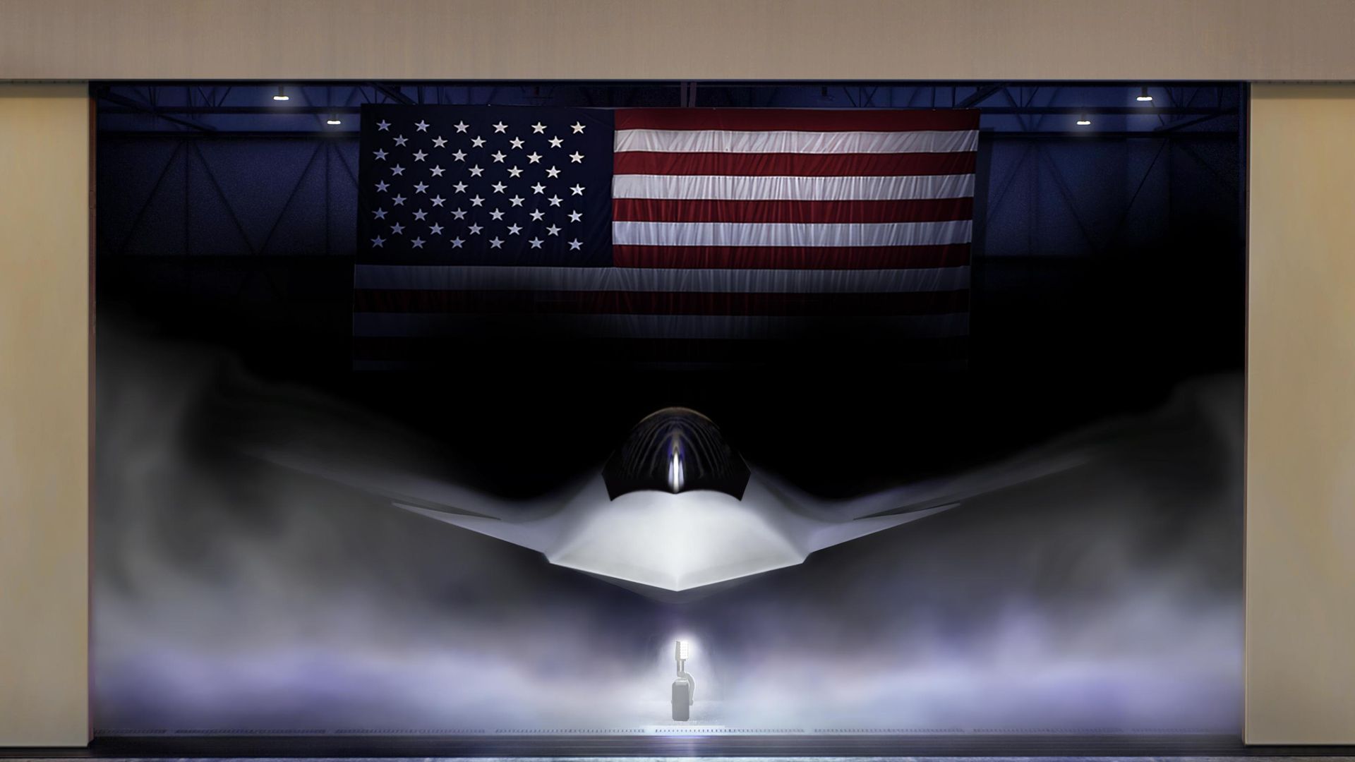 An artist's rendering of the F-47, to be made by Boeing. The aircraft is in a hangar with smoke surrounding it. An American flag is in the background.