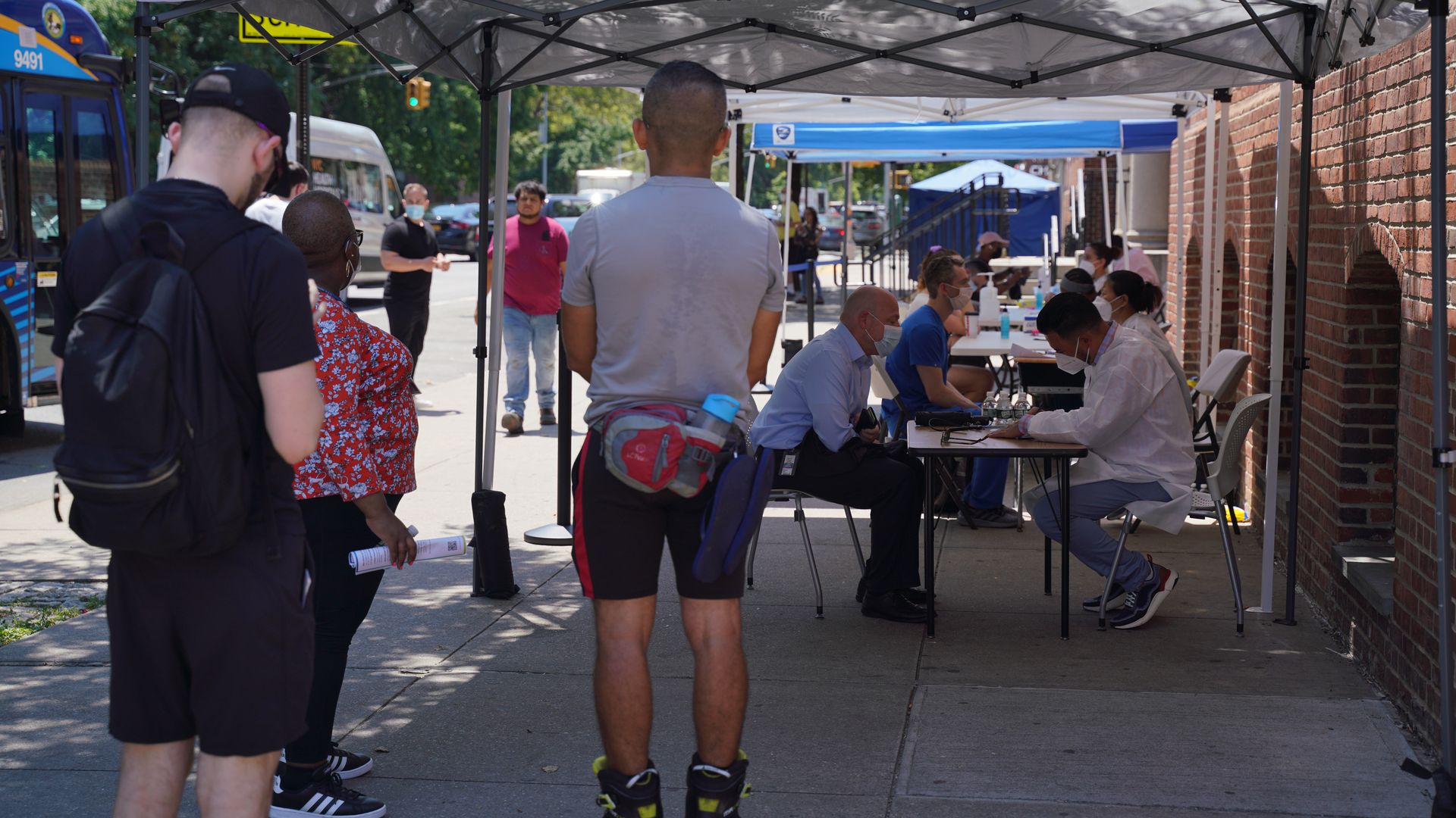 People wait in line for monkey pox vaccination after Monkey pox appointment website in New York City crashed on due to overwhelming traffic, local sources said on Thursday, July 14.