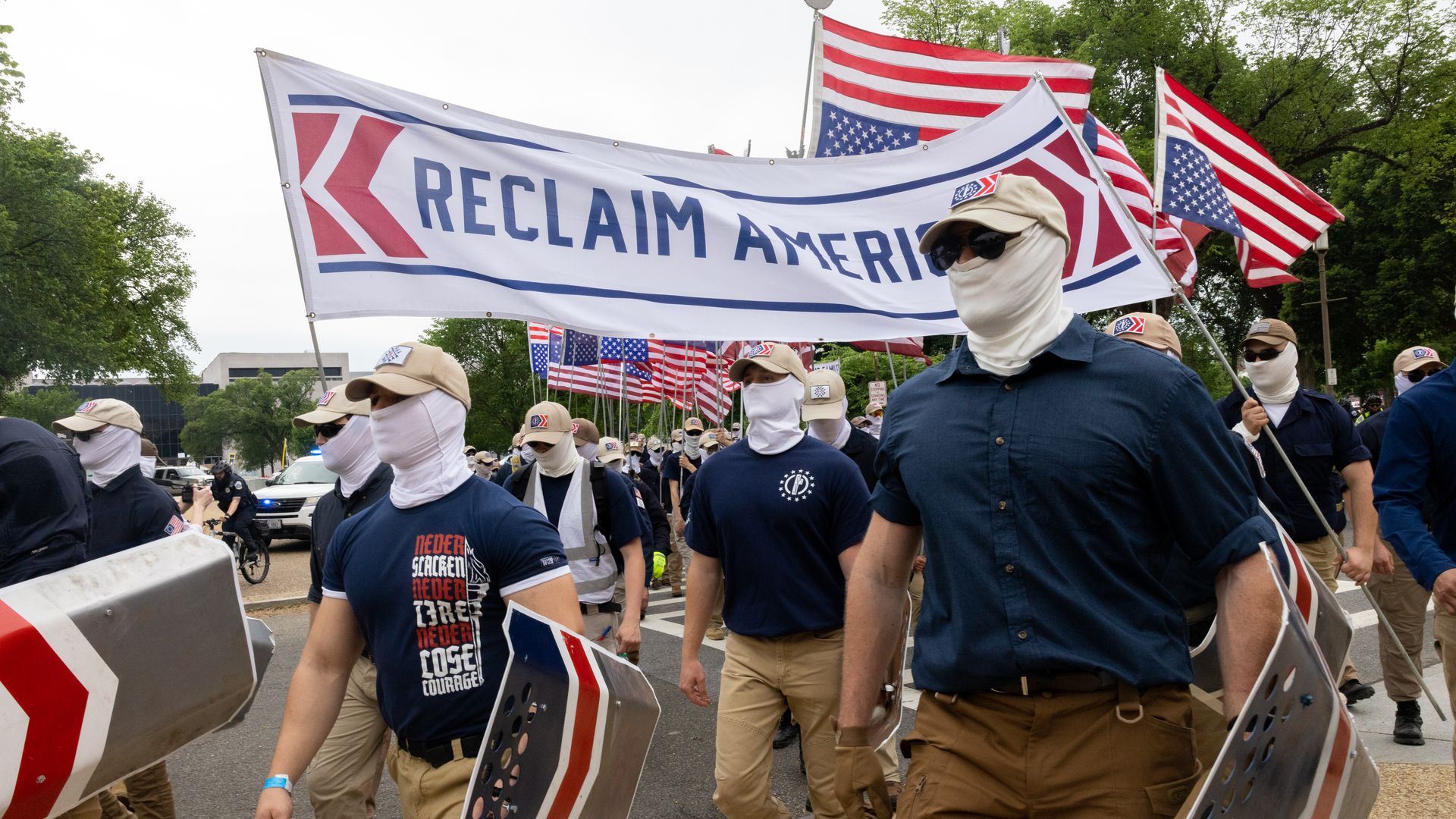 Members of the far-right group Patriot Front are seen marching through Washington, DC on May 13th, 2023.