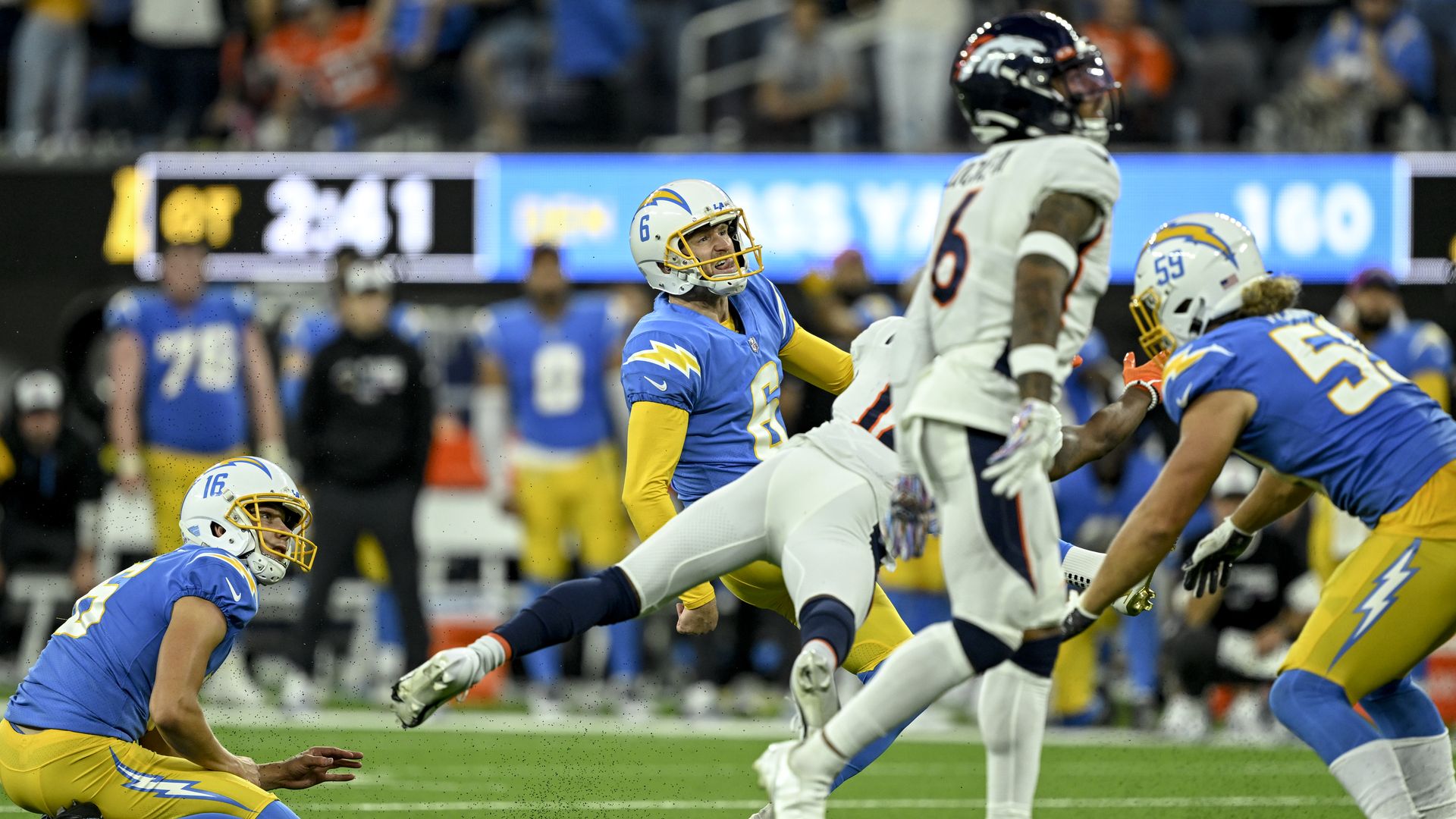  Los Angeles Chargers player kicks a game-winning field goal against the Denver Broncos.