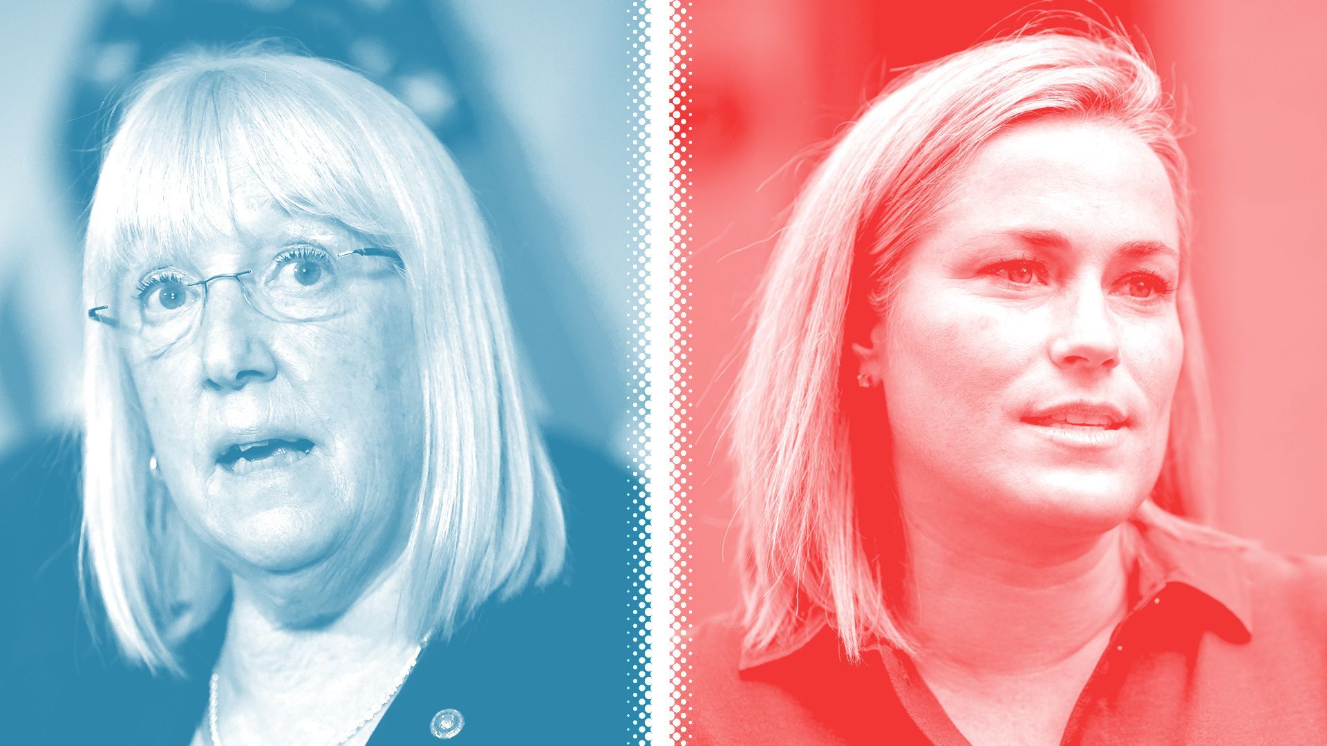 Photo illustration of Patty Murray, tinted blue, and Tiffany Smiley, tinted red, separated by a white halftone divider.
