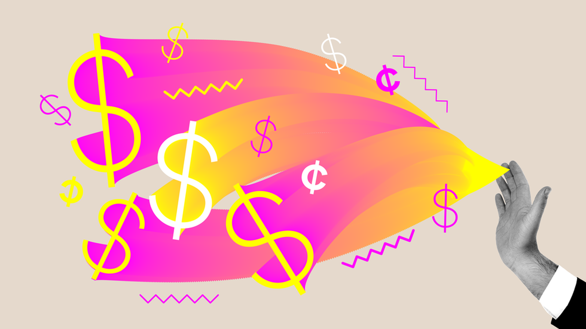 Dollar signs flowing from hand illustration
