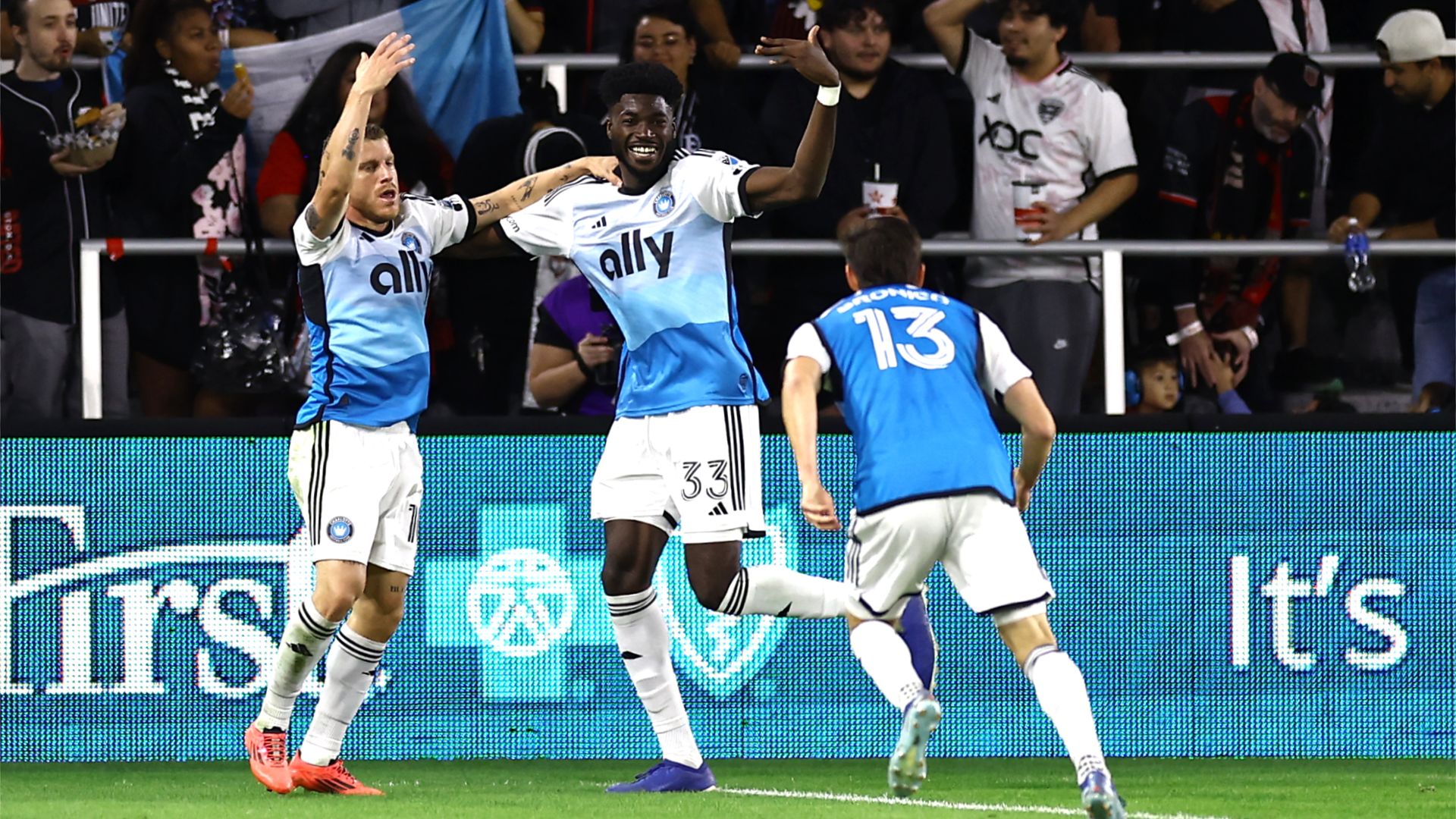 Charlotte FC players celebrate a goal. 