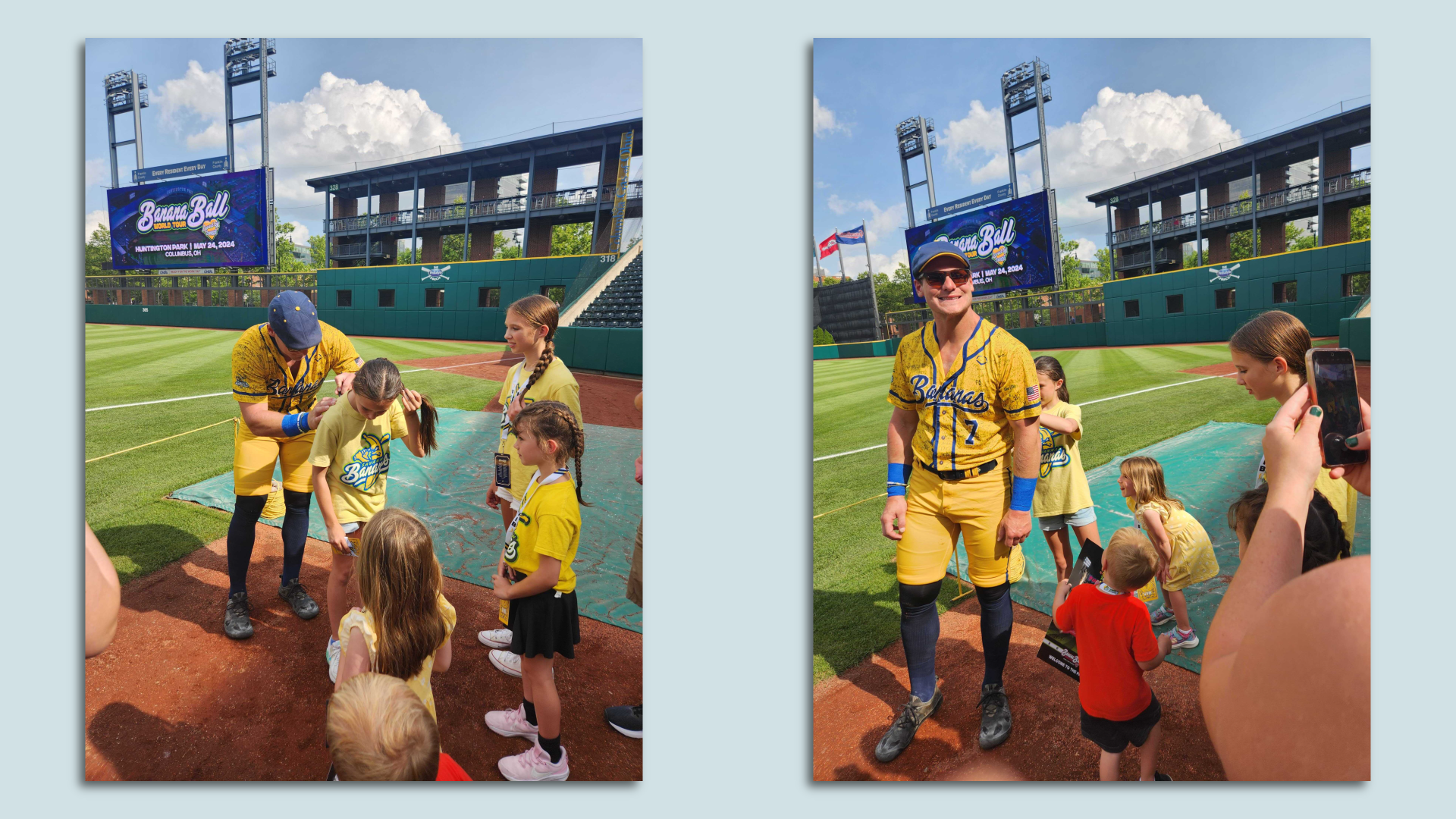 A Savannah Bananas player signs a girl's shirt, then has her sign his jersey. 