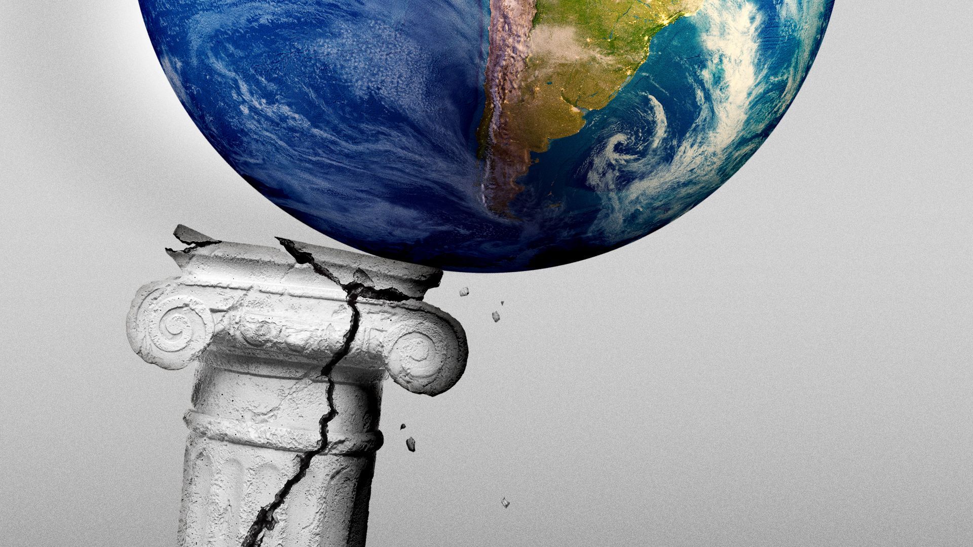 Illustration of a globe tipping off the edge of a broken pillar. 
