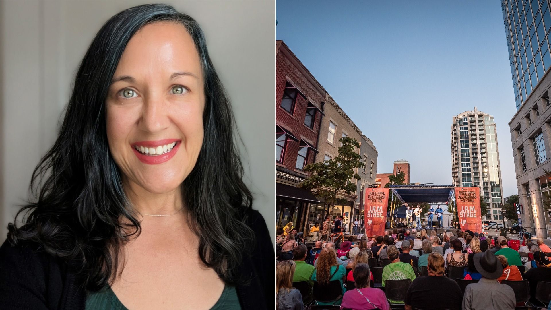 Split image: left close-up of a smiling woman with dark hair; right outdoor city festival stage with a crowd, banners, and tall buildings under a blue sky.