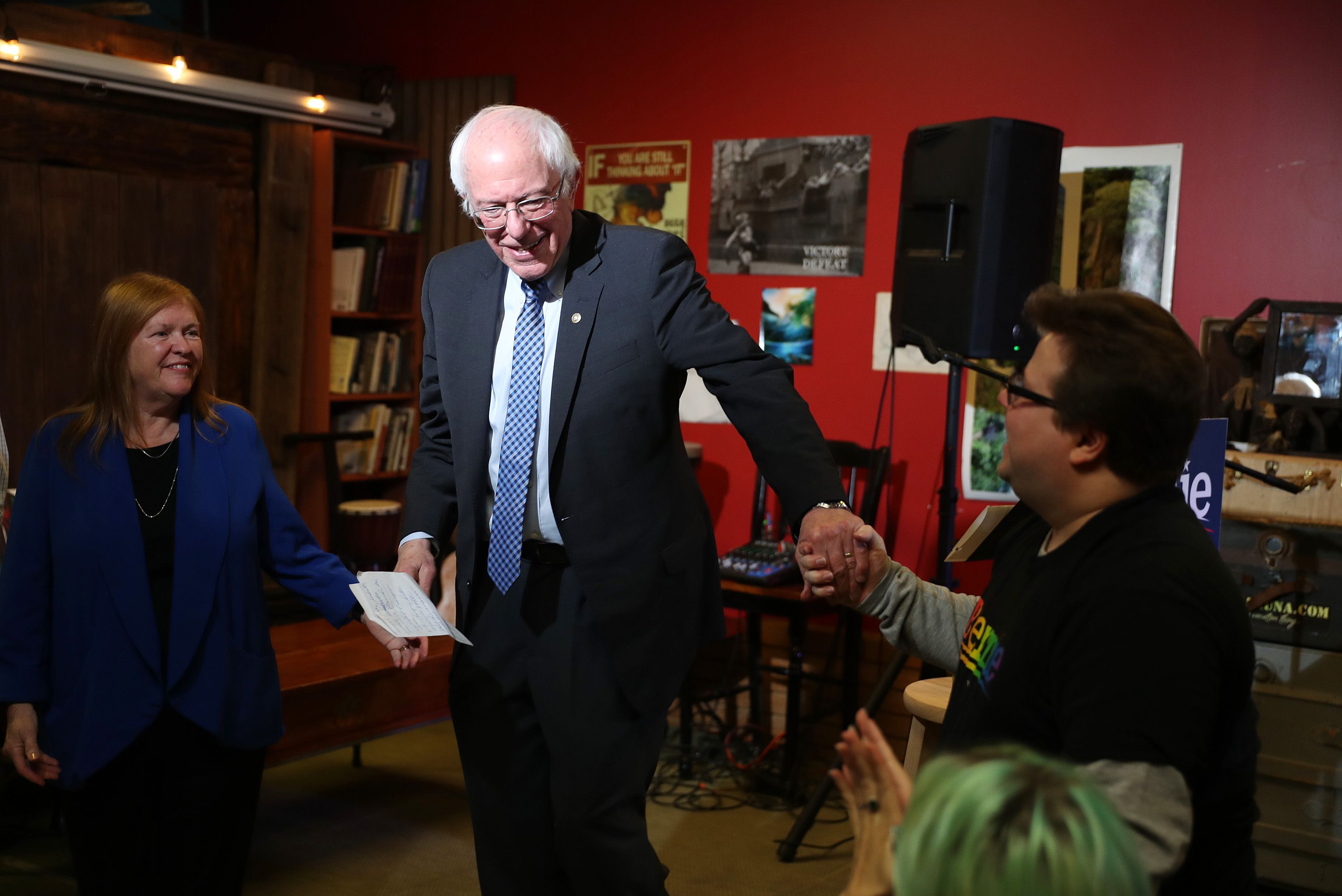Sen. Bernie Sanders (I-VT) and his wife, Jane Sanders, greet people during a campaign stop at the Big Kahunas Cafe & Grill on February 08, 2020 in Merrimack, New Hampshire.