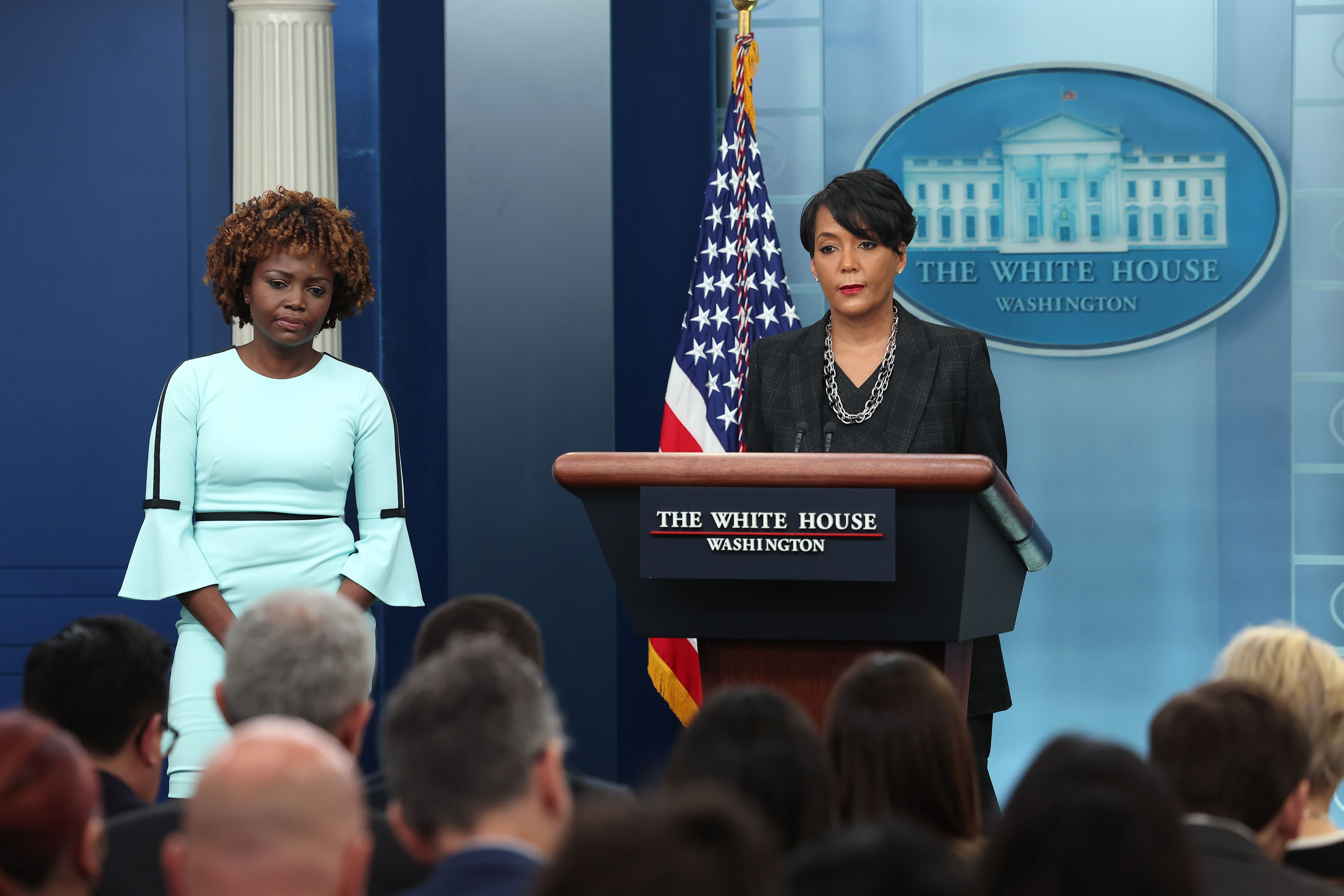 WASHINGTON, DC - JANUARY 13: White House Public Engagement Advisor Keisha Lance Bottoms (R) and Press Secretary Karine Jean-Pierre hold a press briefing at the White House on January 13, 2023 in Washington, DC. The two spoke on the President's upcoming visit to the Ebenezer Baptist Church in Atlanta, Georgia for a Martin Luther King Jr. service. (Photo by Kevin Dietsch/Getty Images)