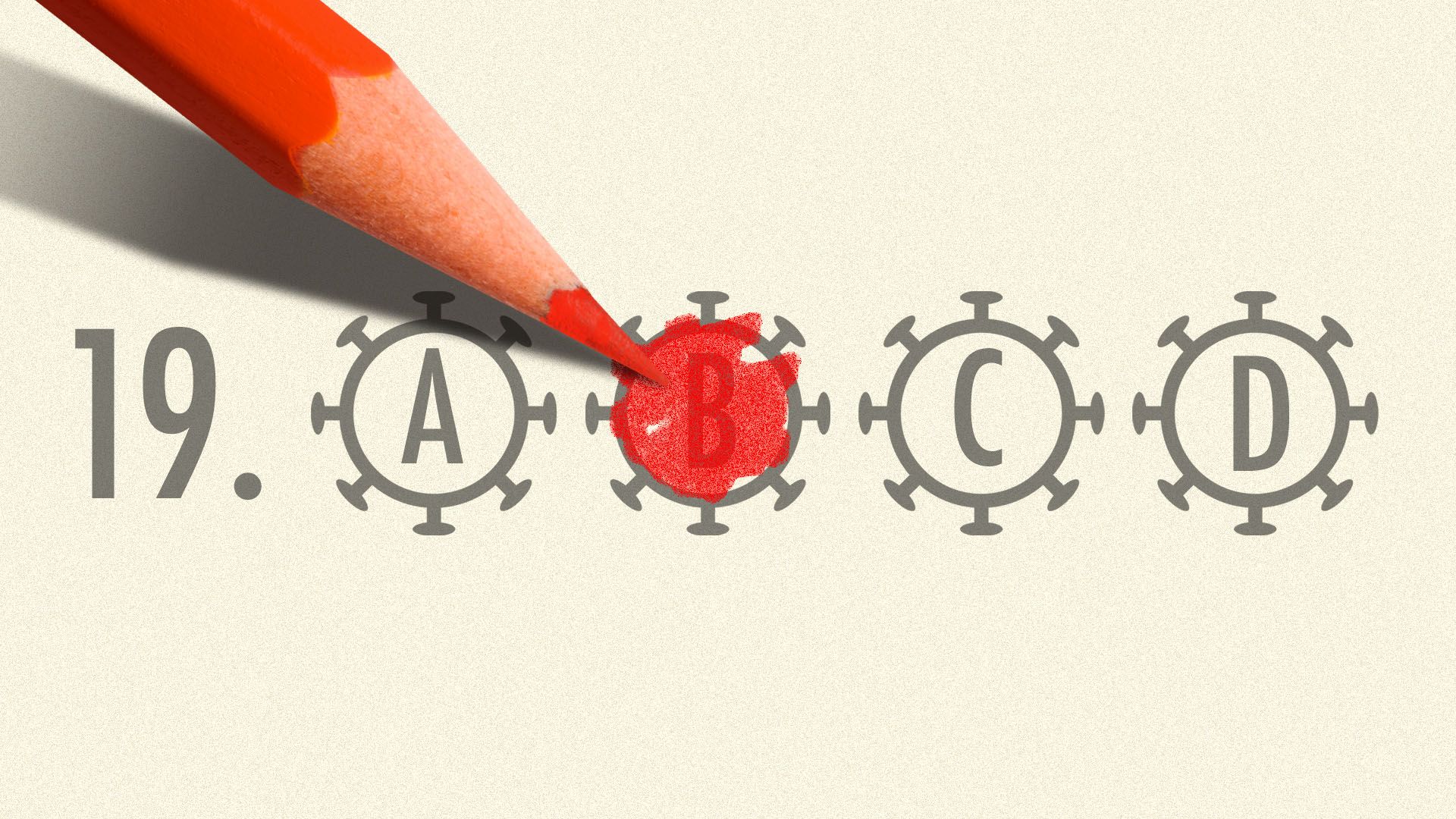 Illustration of a multiple choice test with bubbles shaped like a virus