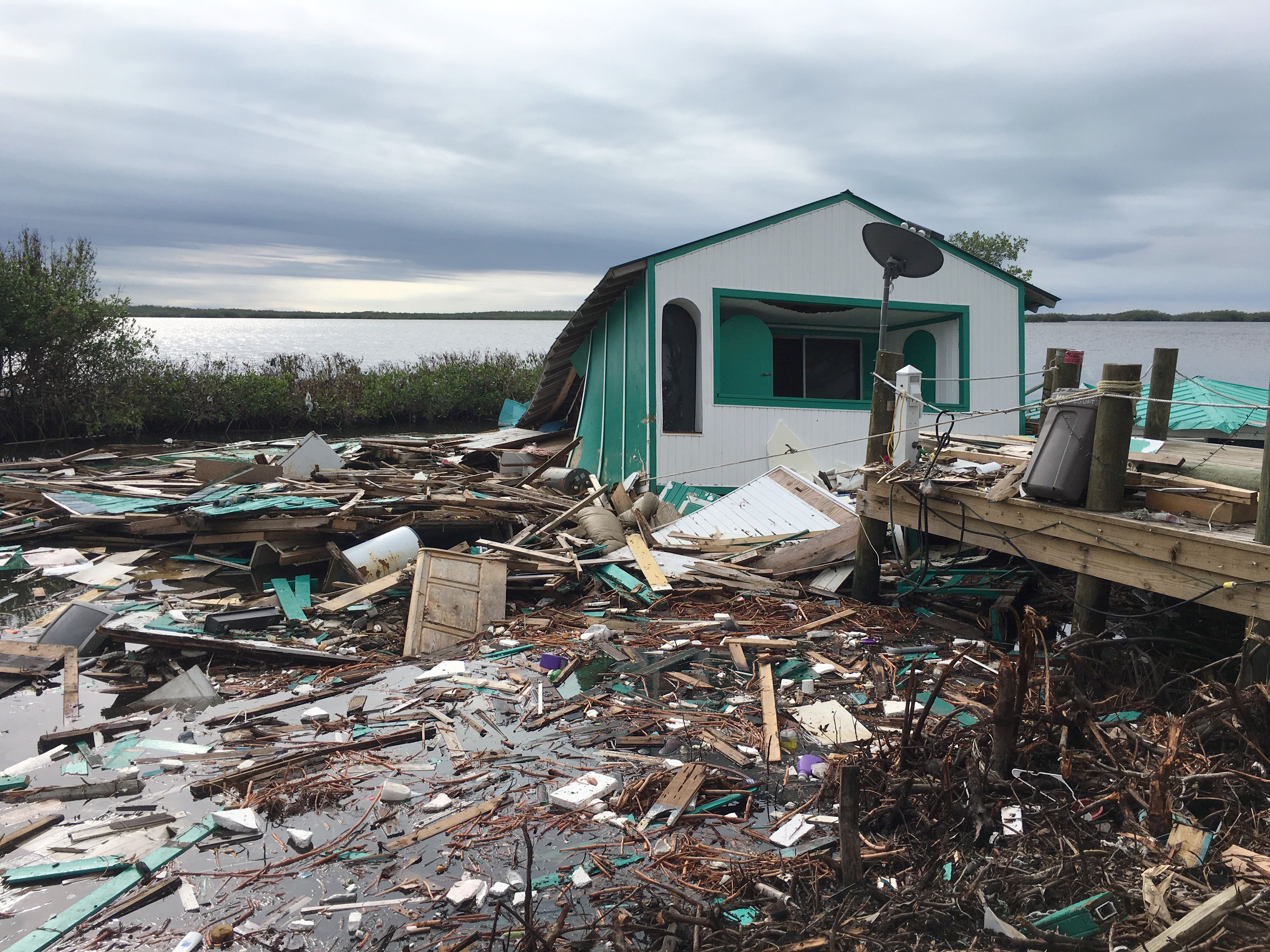 A house raised from its foundations near the Atlantic coast in Key Largo, Florida, USA, 26 October 2017