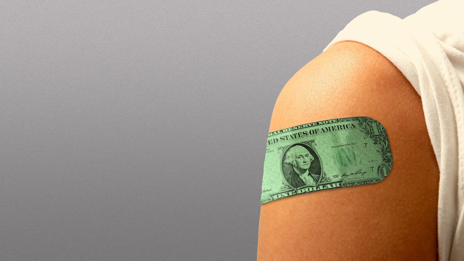 Illustration of a bandaid shaped like a dollar on a person's shoulder