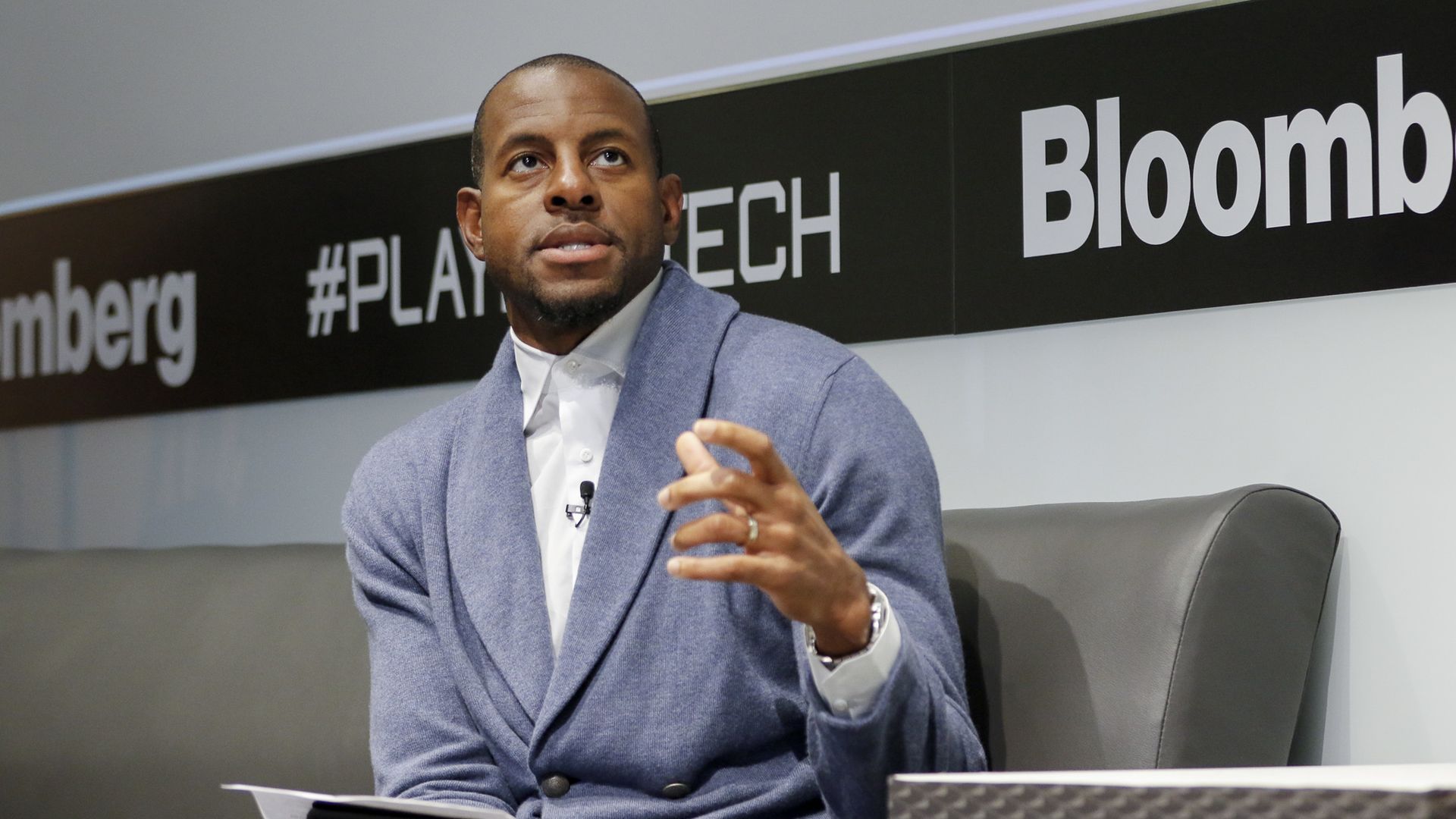Golden State Warriors player Andre Iguodala speaking at the Bloomberg Players Technology Conference in San Francisco.