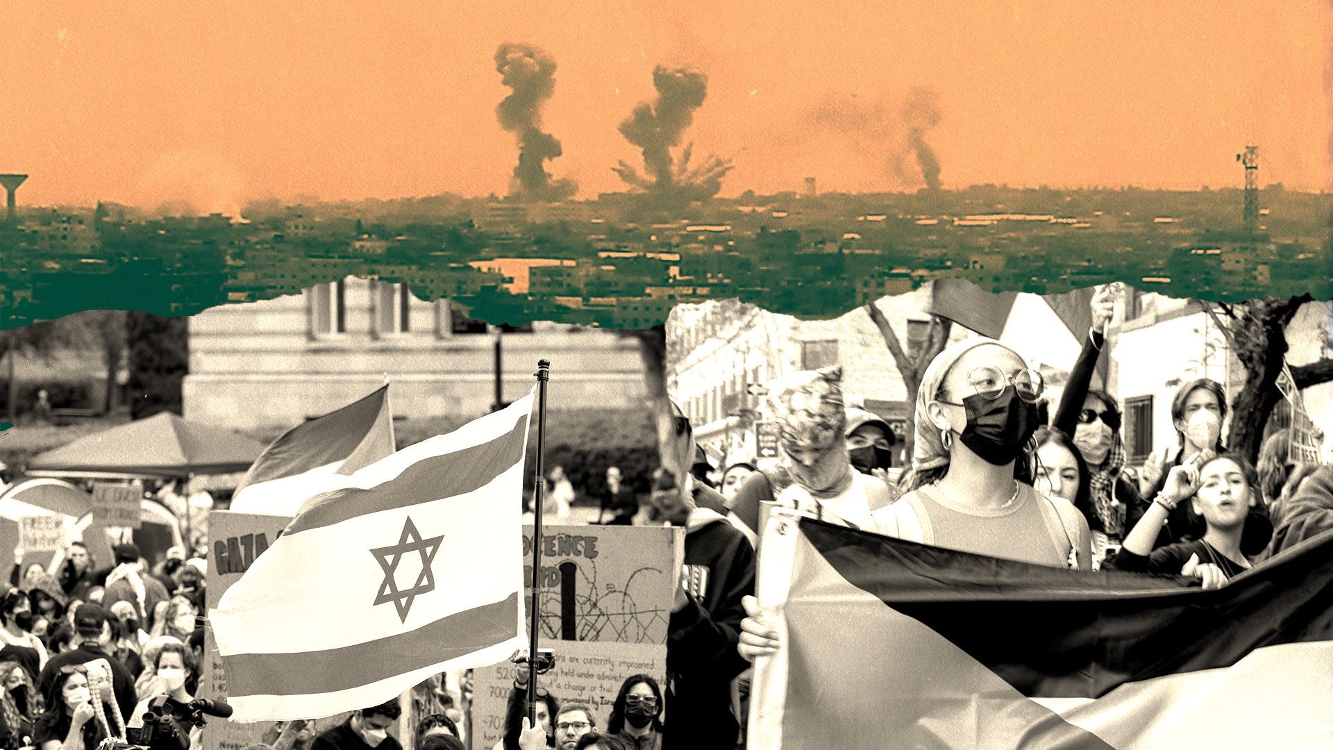 Photo illustration of a collage featuring smoke rising from buildings in Rafah, and protests in the U.S.