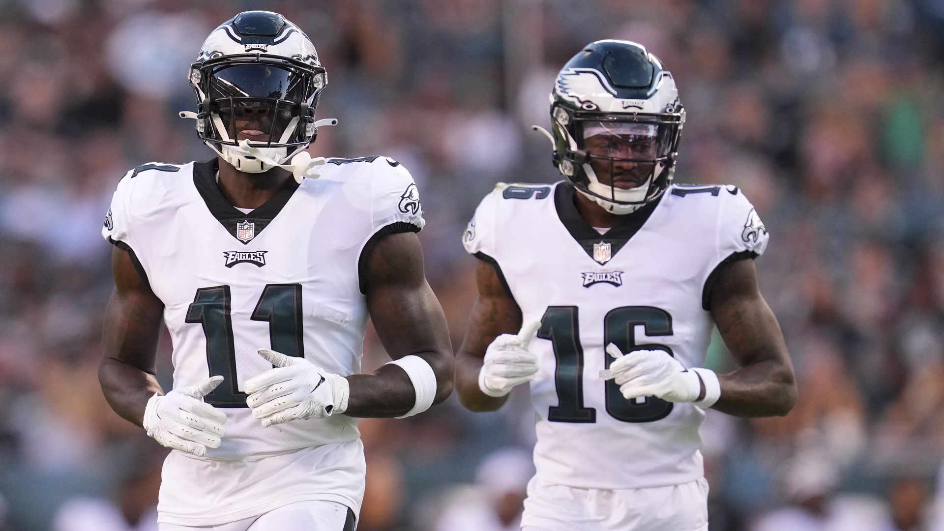 A.J. Brown #11 and Quez Watkins #16 of the Philadelphia Eagles in action against the New York Jets during the preseason game at Lincoln Financial Field on Aug. 12 in Philadelphia.