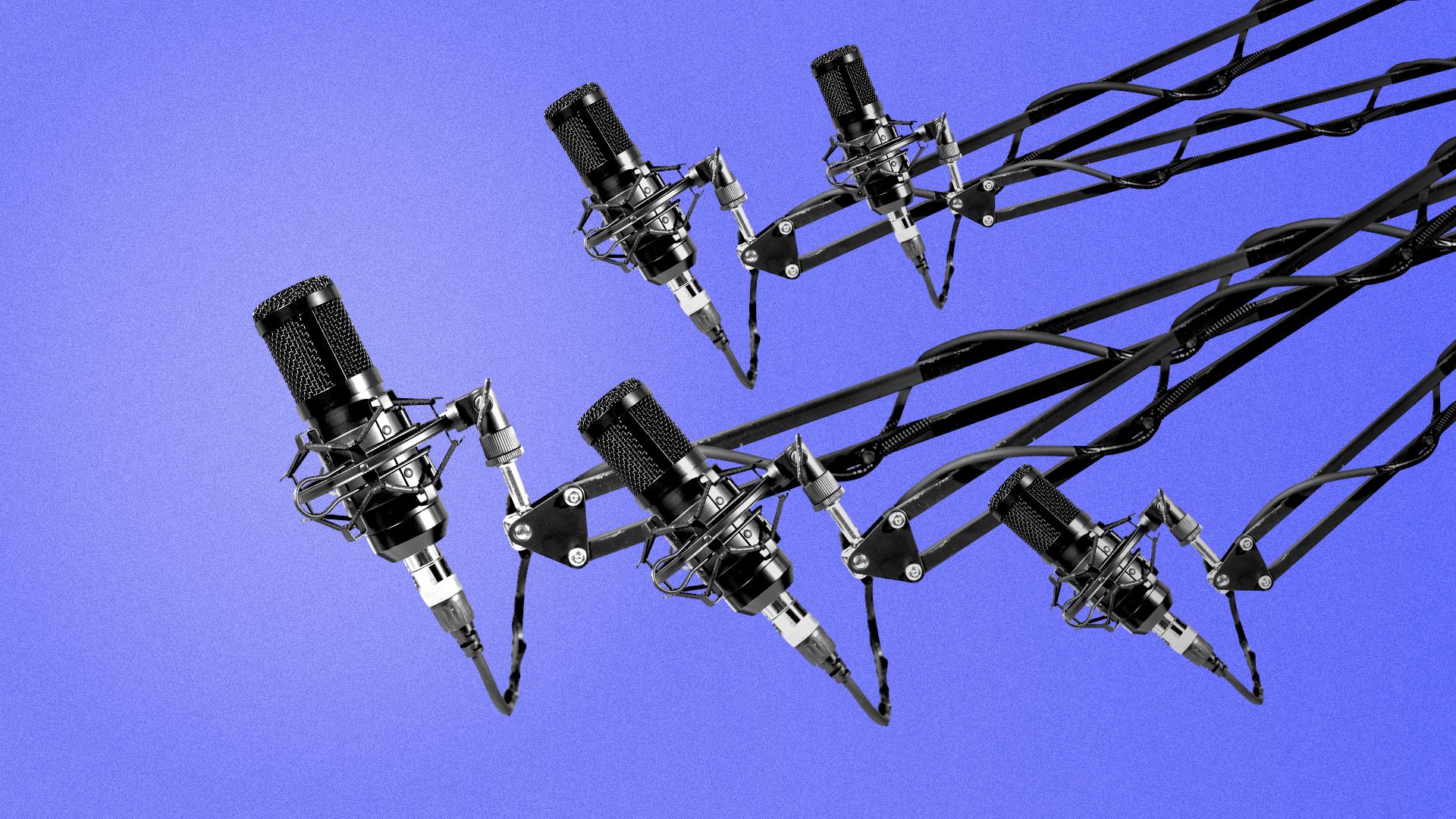 Illustration of five podcast microphones craning from right to left.