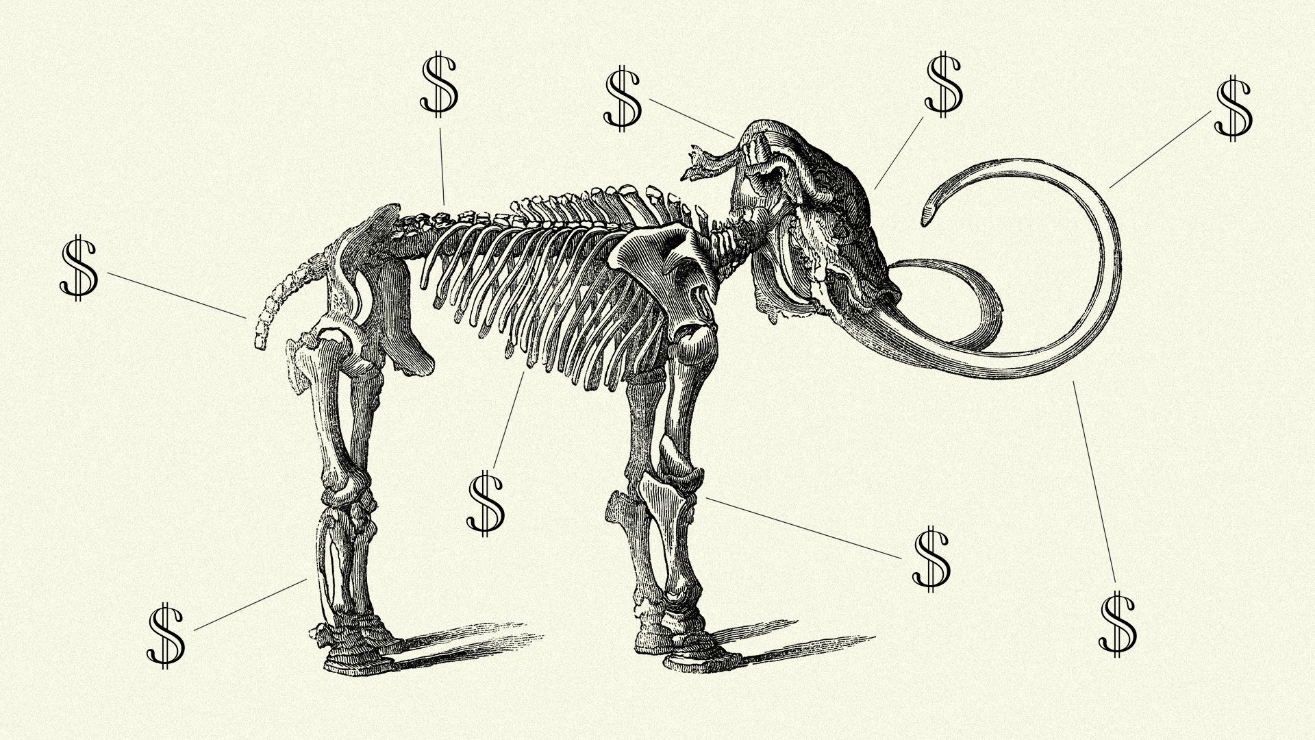 Illustration of scientific drawing of a wooly mammoth with dollar signs.