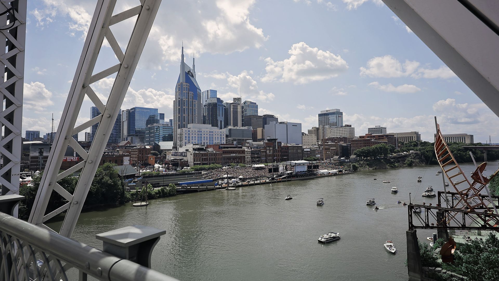 A view of downtown Nashville from the John Seigenthaler Pedestrian Bridge during CMA Fest 2025 at on June 08, 2025 in Nashville, Tennessee.
