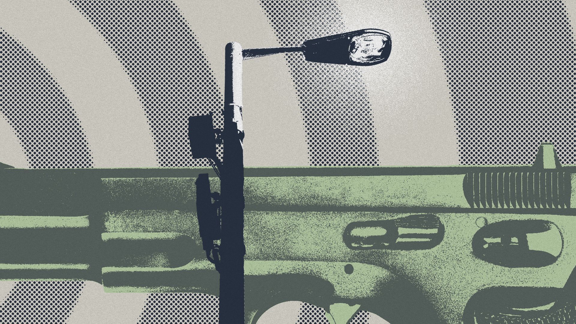 Illustration of a collage featuring a handgun, a street light and circular lines. 